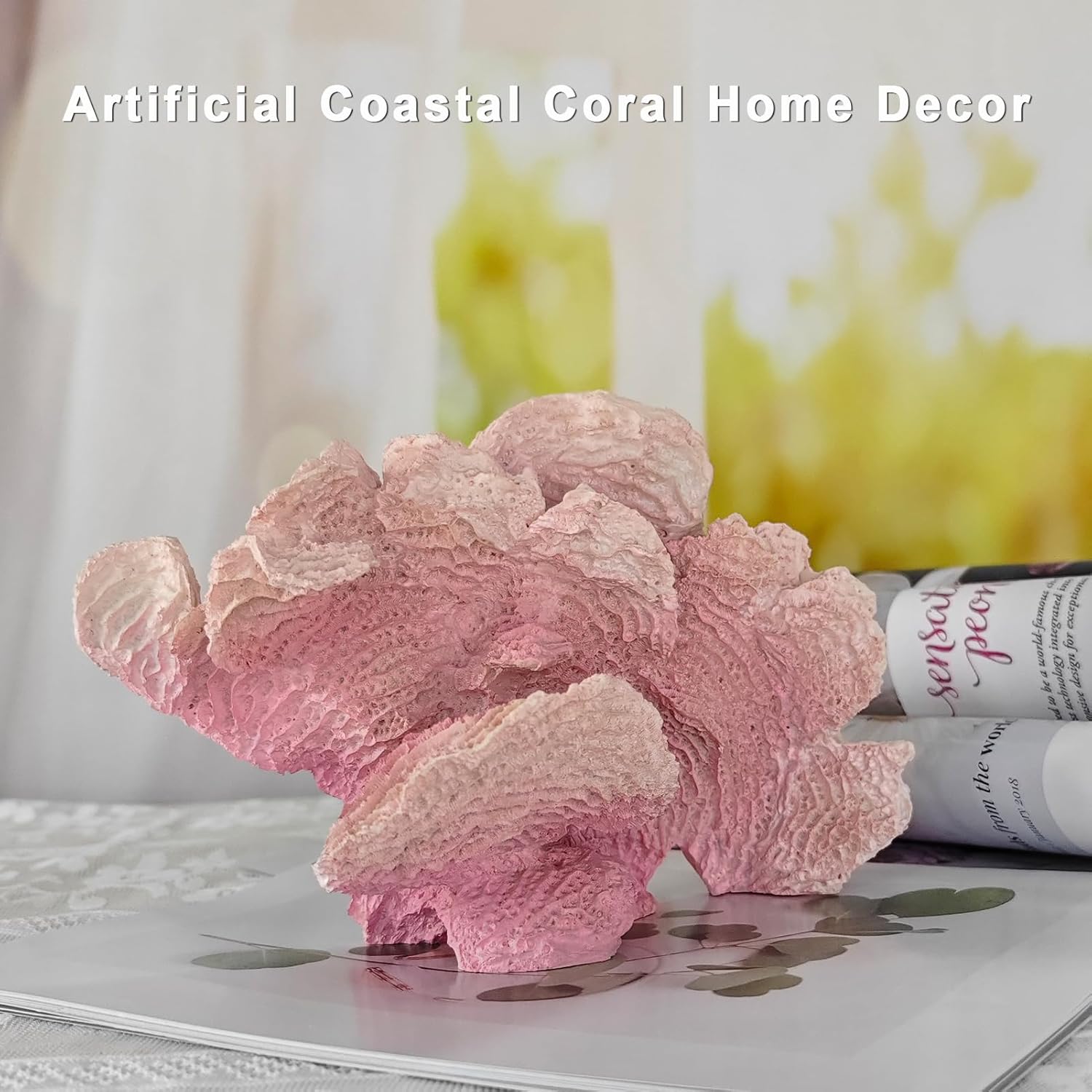 Artificial Sea Coral Statue, Sculpture Home Decor Resin Nautical Coastal Decorations for Beach Themed Party Wedding Room Kitchen Table Shelf (Gradient Pink)