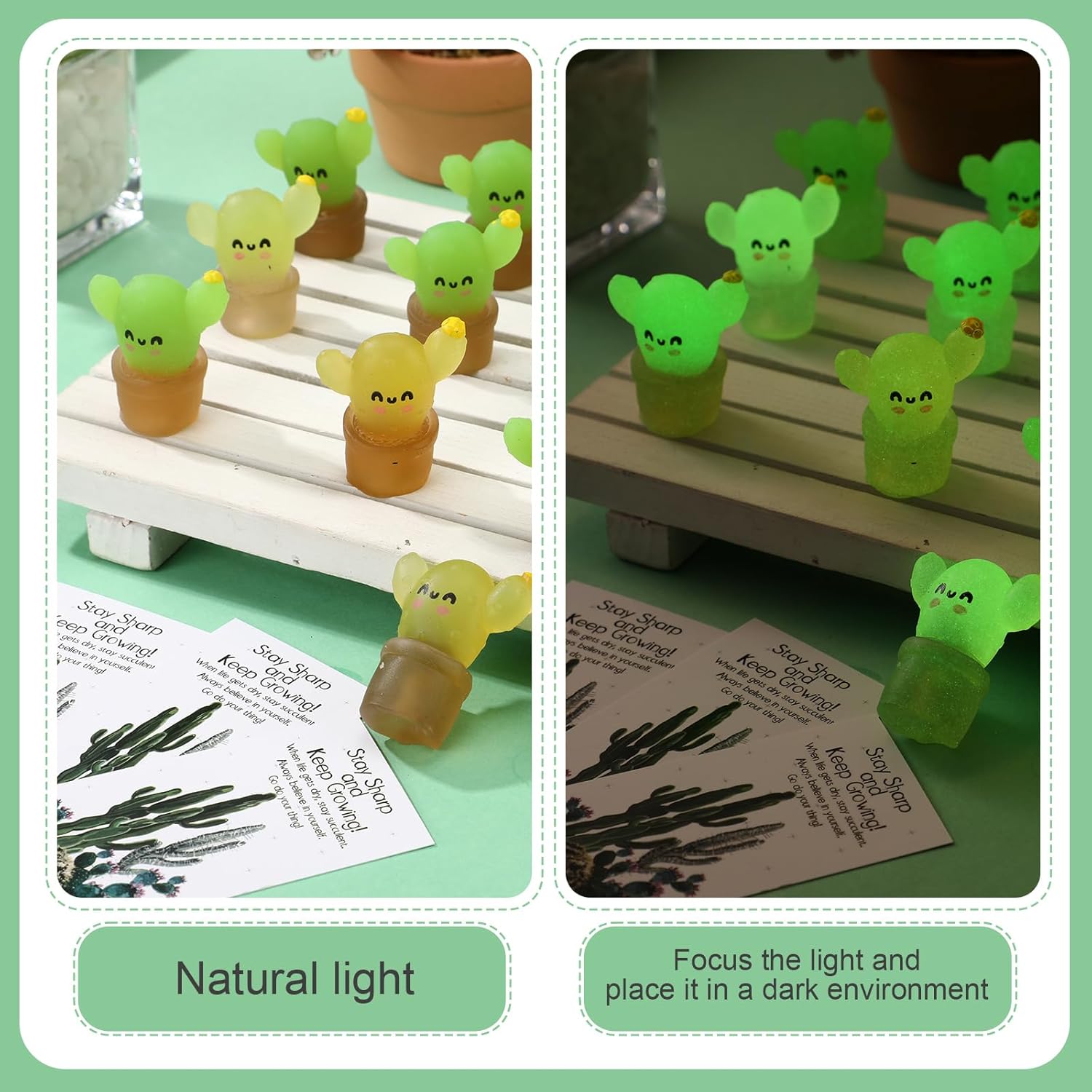 Wettarn 30 Sets Emotional Luminous Cactus Stress Ball Gifts Bulk Office Christmas Appreciation Gift Cute Cactus Squeeze Funny Mini Stress Relief Ball Positive Cards for Coworker Employee Nurse Staff