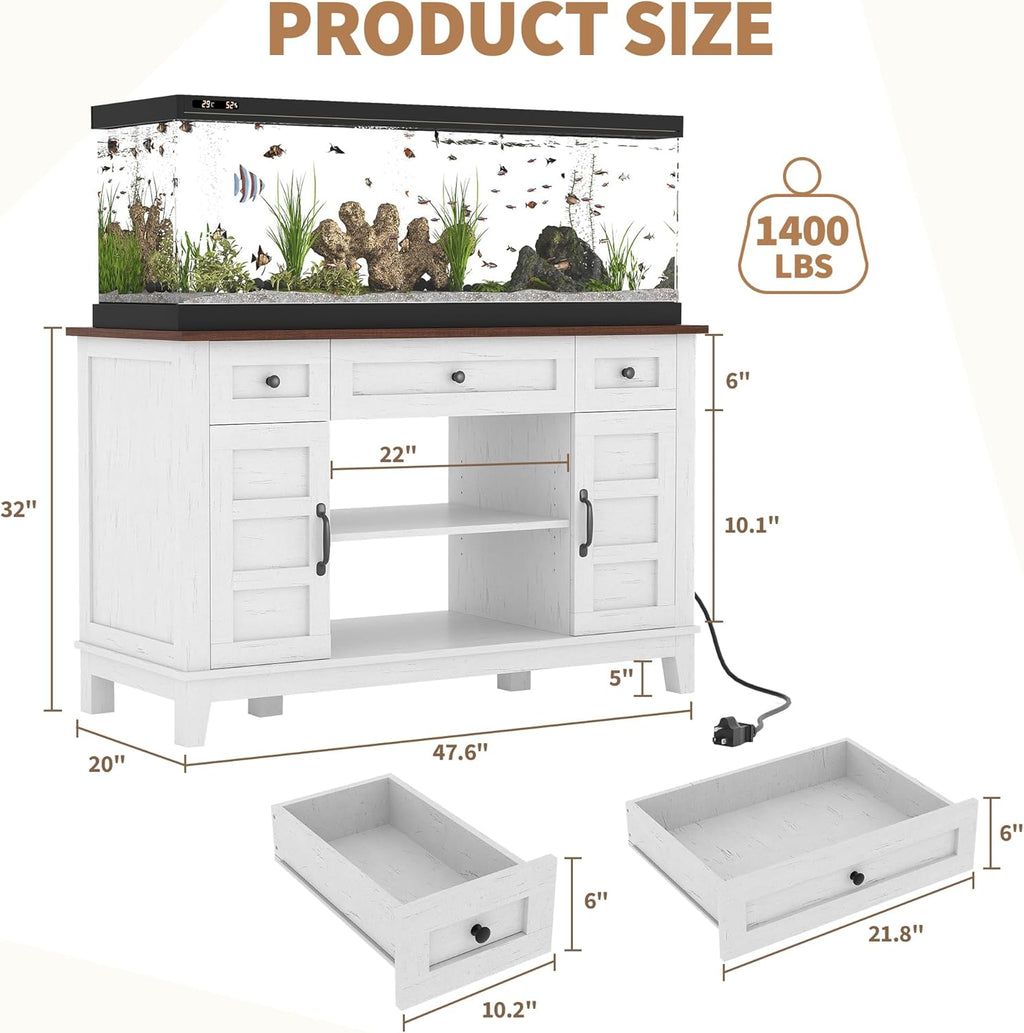 Farmhouse 55-75 Gallon Fish Tank Stand, Aquarium Stand with Power Outlet, 1400LBS Heavy Duty Fish Tank with Stand for Fish/Turtle/Reptile Terrarium, White