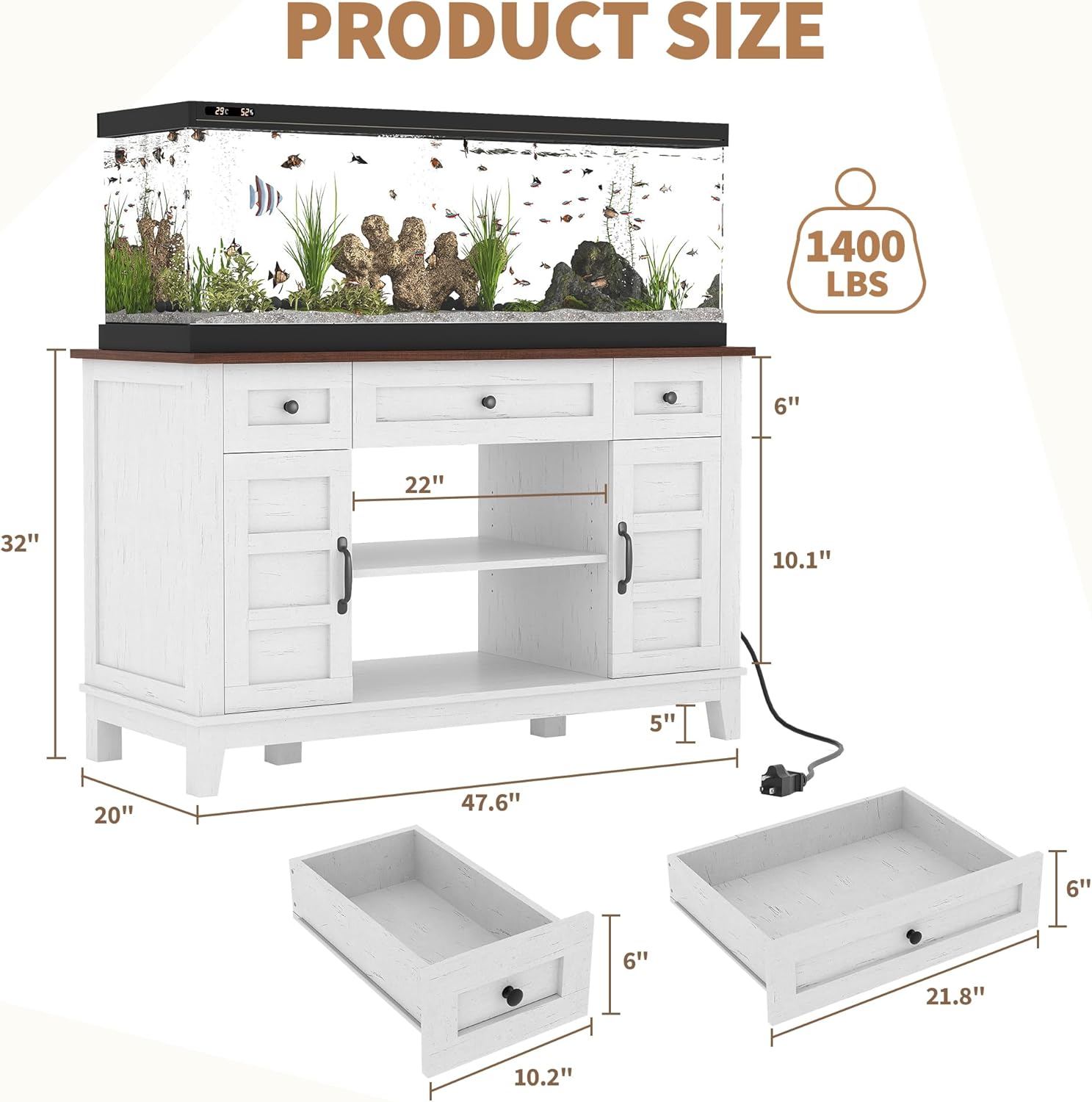 Farmhouse 55-75 Gallon Fish Tank Stand, Aquarium Stand with Power Outlet, 1400LBS Heavy Duty Fish Tank with Stand for Fish/Turtle/Reptile Terrarium, White