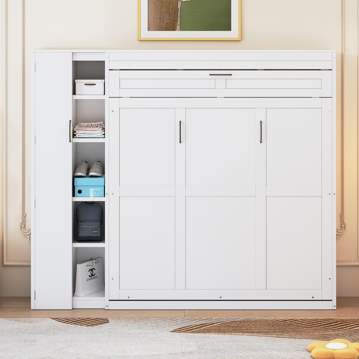Merax Queen Size Murphy Bed Wall Bed with Shelves, Drawers and LED Lights,White