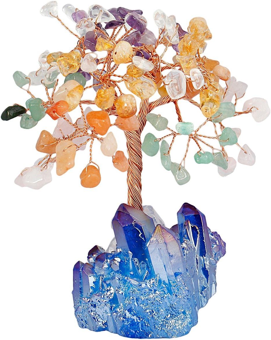 mookaitedecor Colorful Crystal Tree, Quartz Cluster Blue Titanium Crystals Base Bonsai Money Tree for Wealth and Luck