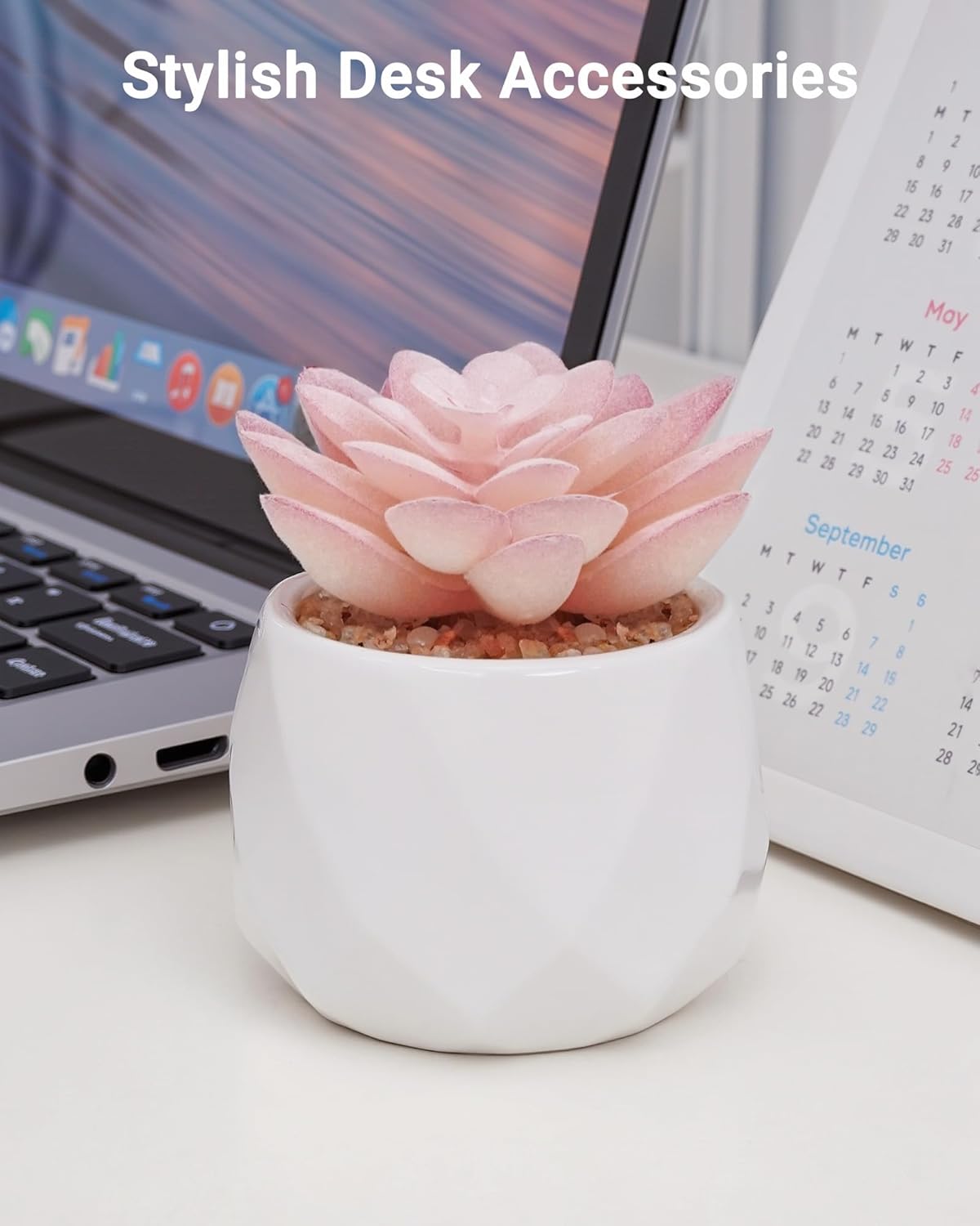 VIVERIE Mini Succulents Plants Artificial in Pots-Rose Pink, Christmas Small Fake Succulents Plants for Home Decor Indoor for Women, White Ceramic Faux Succulents, Set of 1, Gifts for Mom
