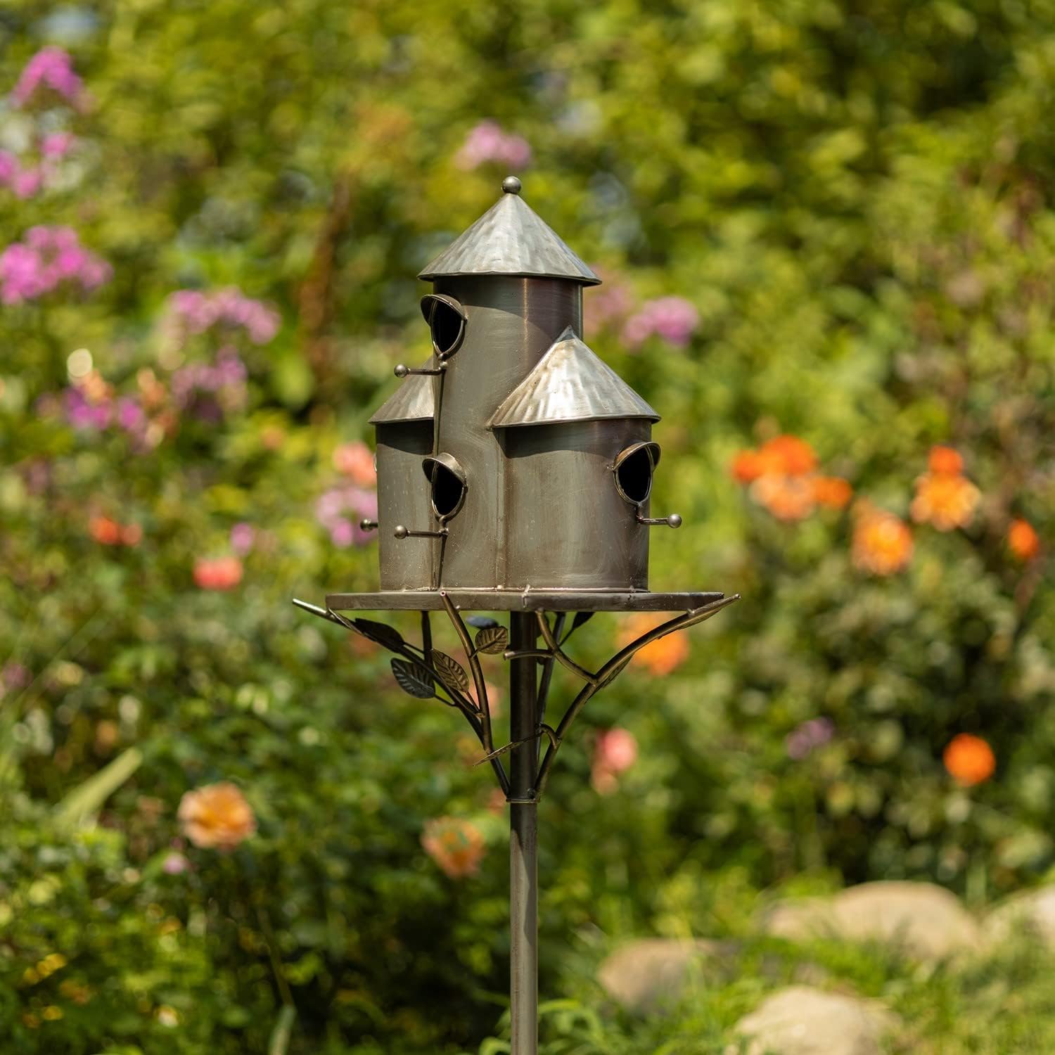 Zaer Ltd. Large Silver Colored Multi-Birdhouse Stakes, Room for 4 Bird Families in Each (Plump Triple Cylinder Homes (Silver Color))