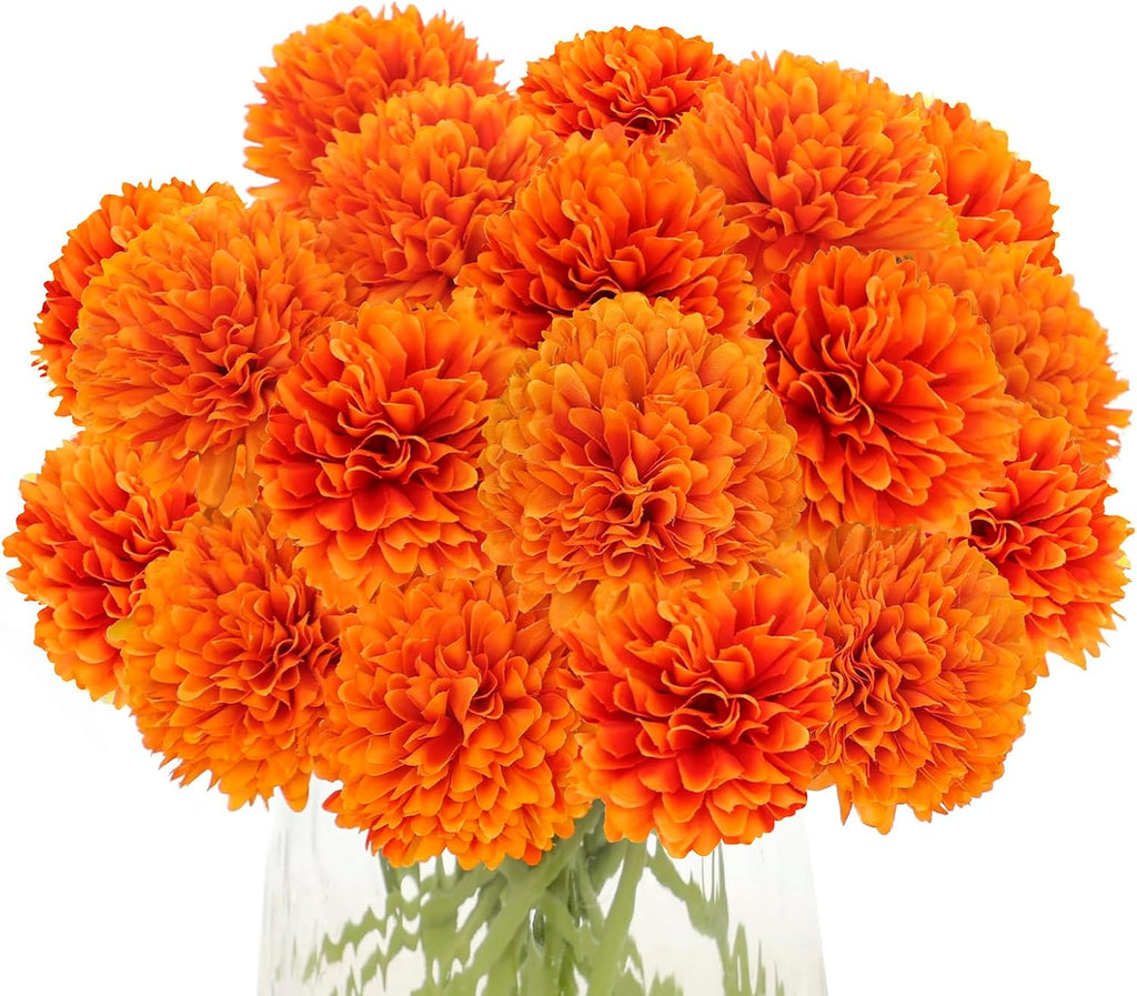Kimura's Cabin 20Pcs Orange Fake Mums Flowers Artificial Silk Chrysanthemums Faux Ball Flower for Wedding Arrangement Fall Bouquets Home Table Decoration Halloween Thanksgiving Decor(Orange)