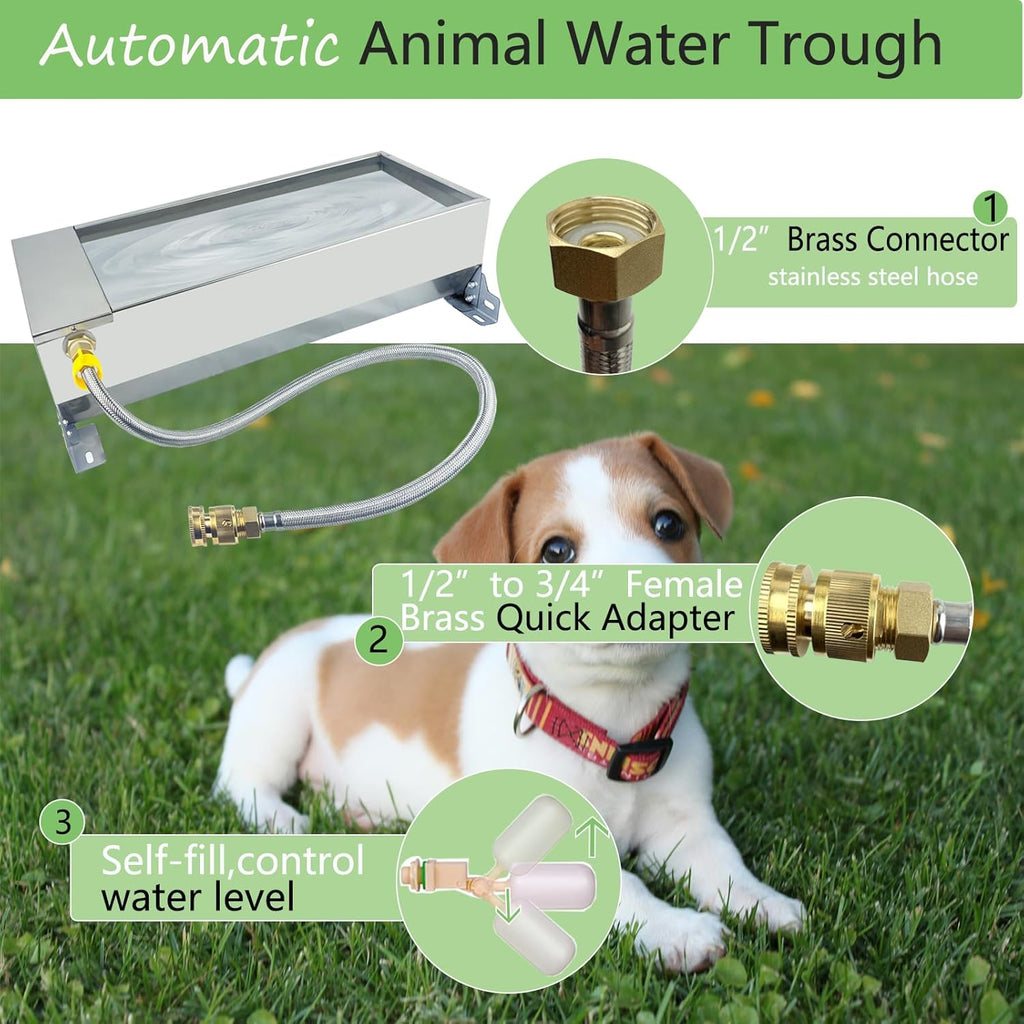 Automatic Livestock Water Trough Large Capacity Self Filling Dog Waterer Tank Stainless Steel Animal Drinking Water Bowl Dispenser with Float Valve Kit for Dog Horse Goat Pets Pig Cow