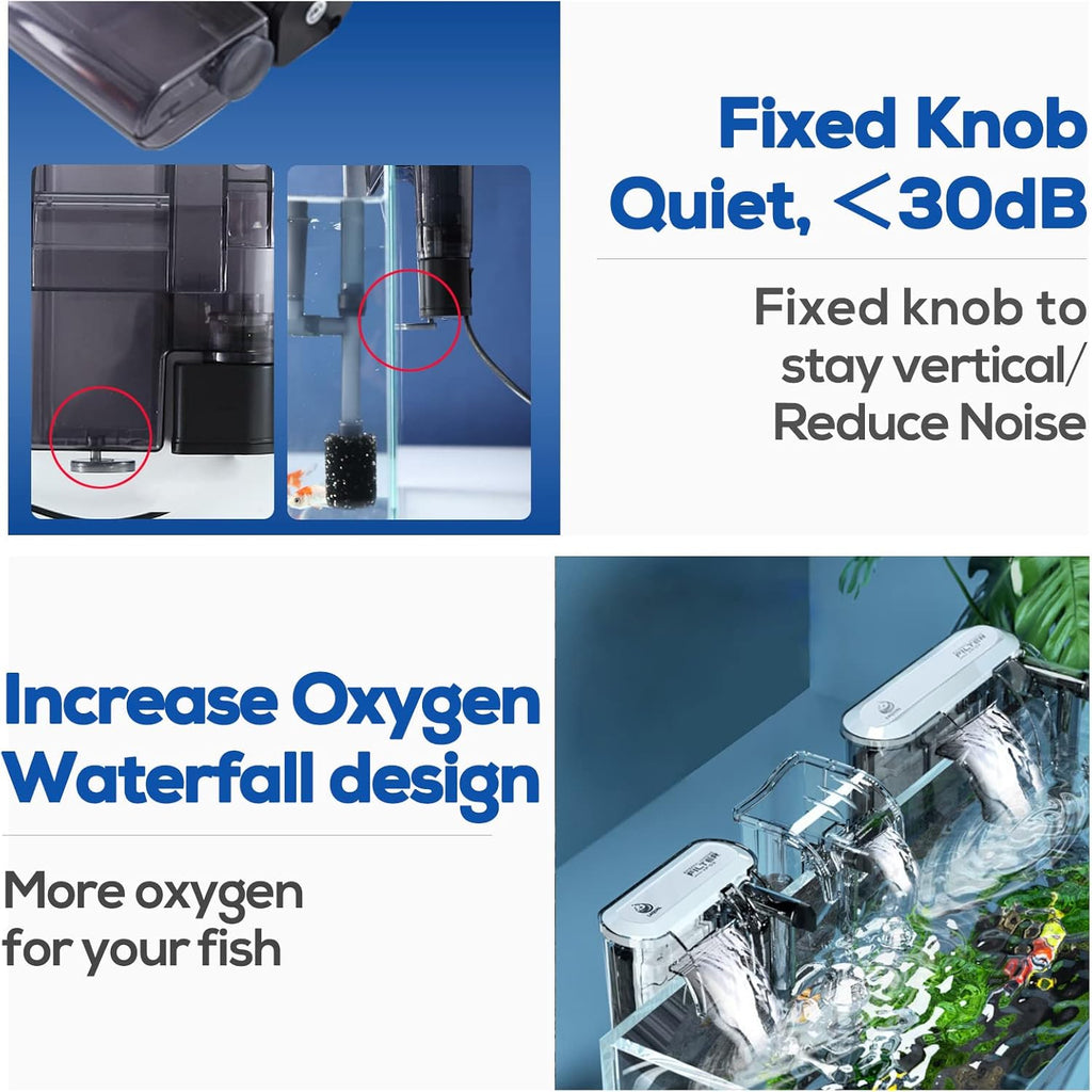 Aquarium Filter with Surface Skimmer, 10 Gallon Small Fish Tank Filter, 3-Layer Filtration, Adjustable Water Flow, Waterfall Design for Increasing Oxygen, Quiet & Efficient Hang on Back Filter