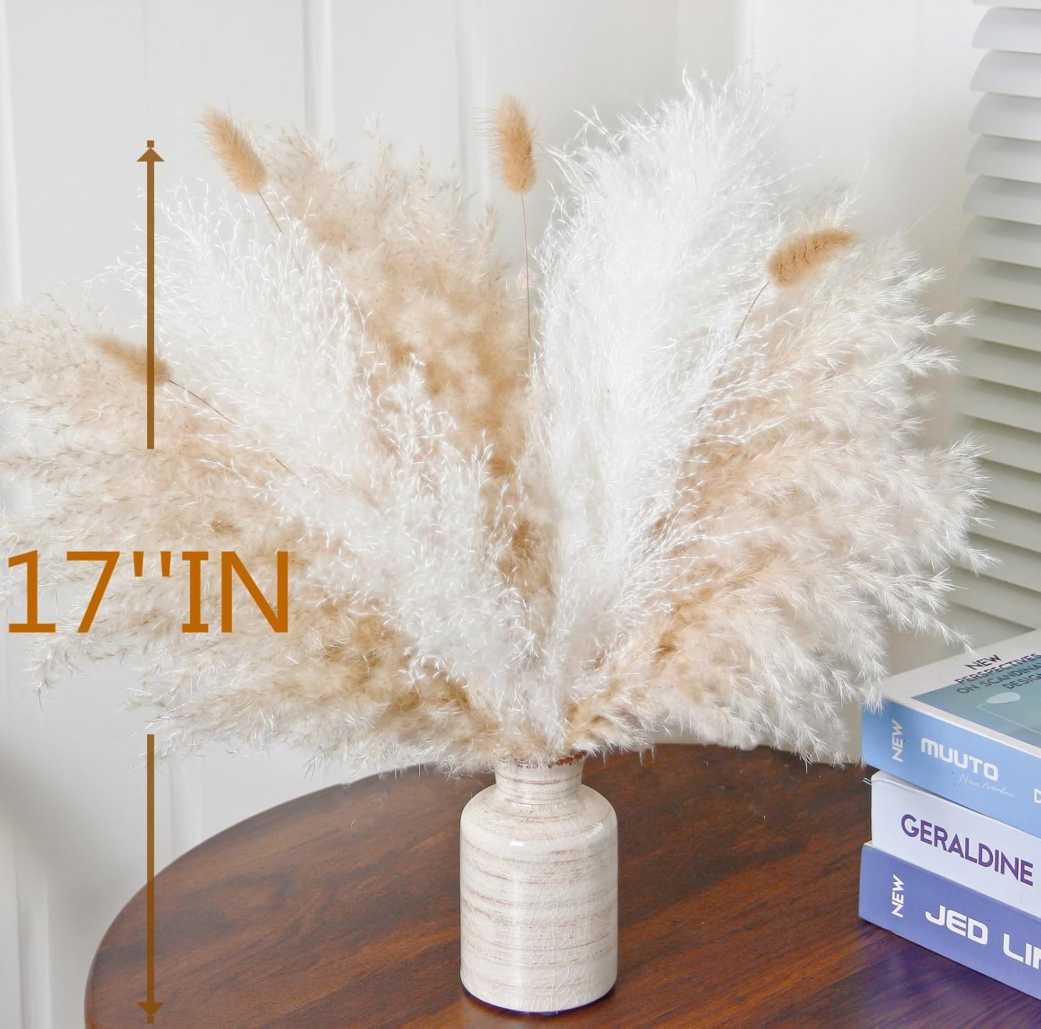 10 PCS Beige Pampas Grass Decor, Naturally Dried Pompas, Bunny Tails Dried Flowers, and Dried Eucalyptus. Perfect for Weddings, Boho Party Decorations, and Table Decor(17inch)