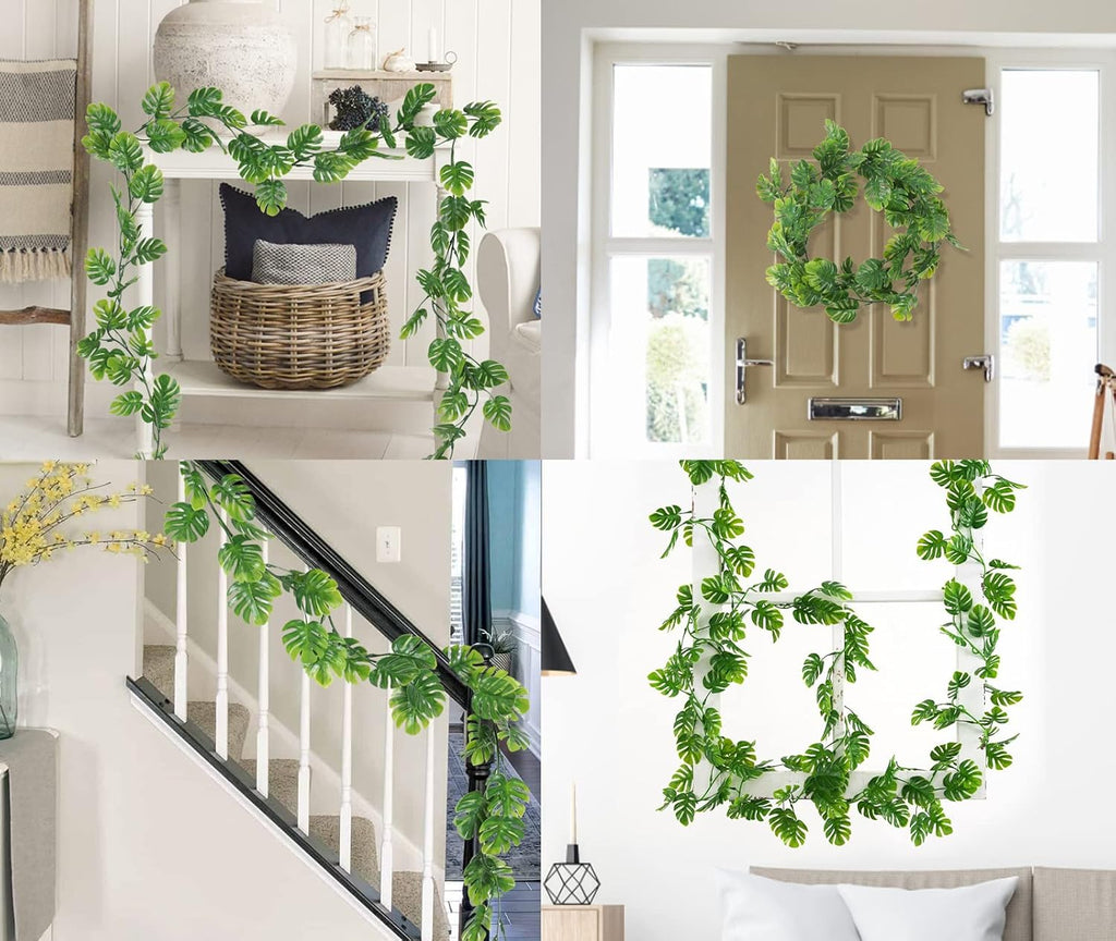 RECUTMS Artificial Palm Leaves Vines 3Pcs, 5.9FT Outdoor Fake Hanging Plant Ivy Faux Tropical Monstera Leaf Garland Greenery for Garden Porch Patio Jungle Luau Beach Birthday Party Indoor Summer Décor