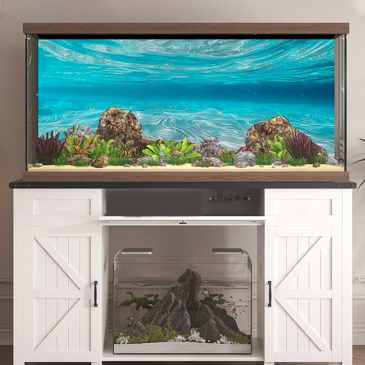 Undersea Theme Aquarium Background, Teal Ocean Floor Tropical Tank Fish Tank Backdrop Decor, Polyester Fabric with 6 EVA Double-Sided Tapes 48x24 inches/120x60