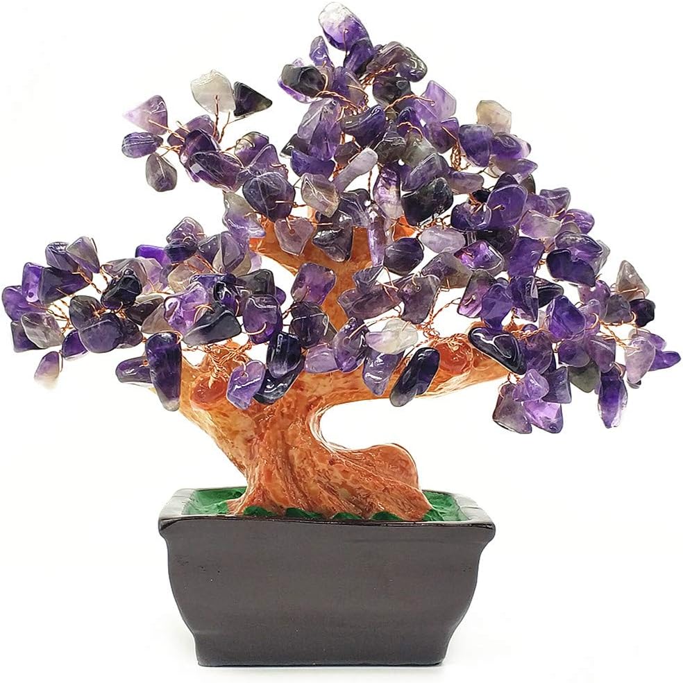 Feng Shui Quartz Crystal Money Tree Bonsai Style Decoration for Luck and Wealth (Purple)