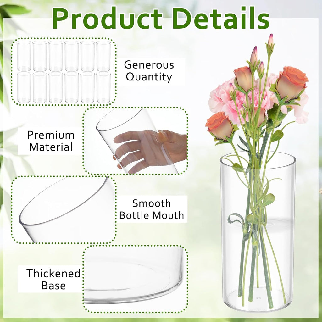 12 PCS Plastic Cylinder Vase 8 Inch Cylinder Vase Bulk Clear Flower Container Hurricane Candle Holder Round Wide Container Centerpiece for Home Office Wedding Decor