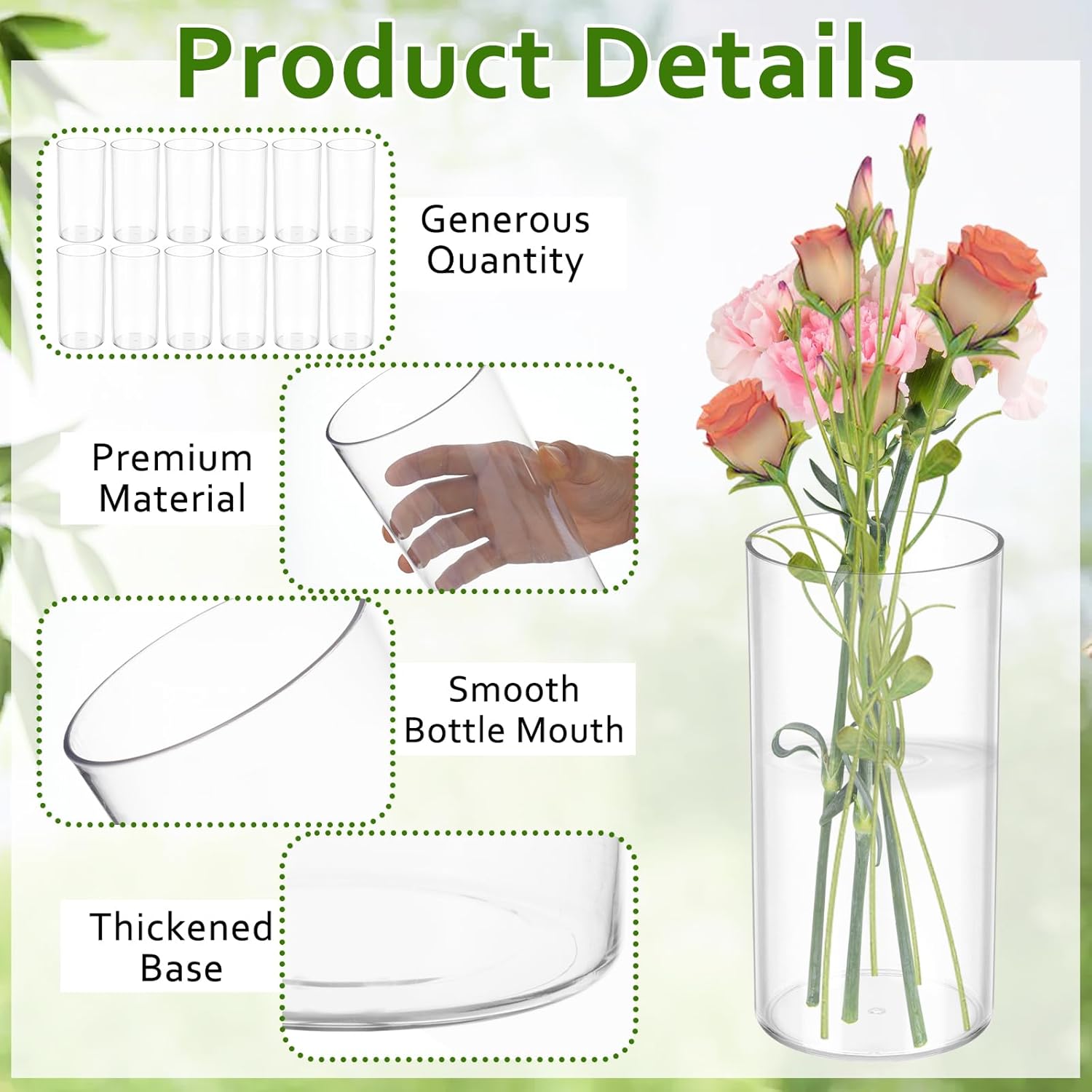12 PCS Plastic Cylinder Vase 8 Inch Cylinder Vase Bulk Clear Flower Container Hurricane Candle Holder Round Wide Container Centerpiece for Home Office Wedding Decor