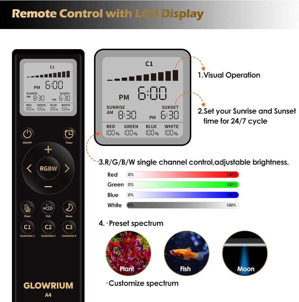 GLOWRIUM LED Aquarium Light with Remote, Full Spectrum Fish Tank Light with Auto Timer, IP67 Waterproof Freshwater Planted Tank Light, Dimmable RGB+W+Moon LEDs with High Performance (9W 12-17in)