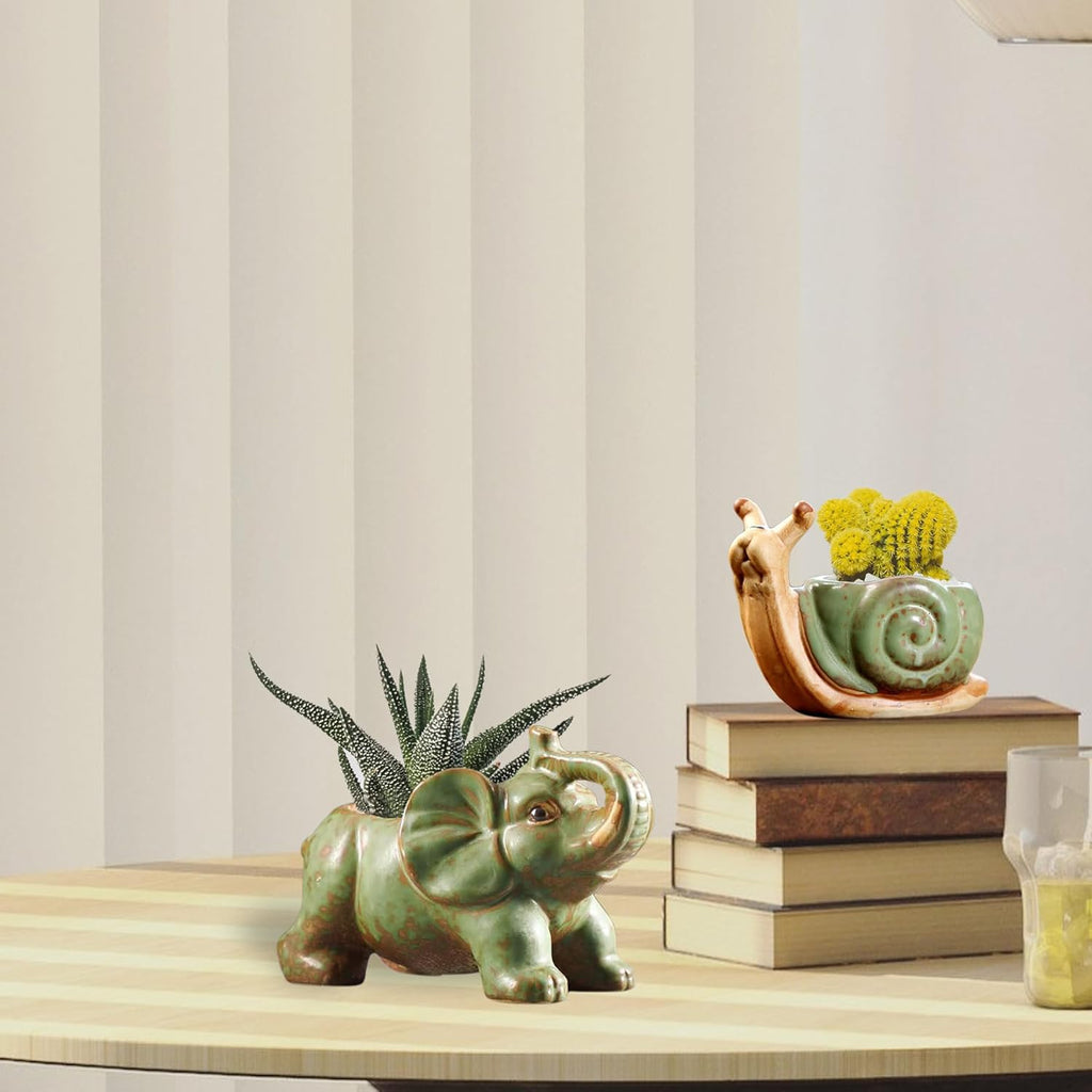 DIYOMR Small Ceramic Planter Pot, 4.3" Vintage Bronze Animal Planters Ceramic Flowerpot Succulent Pots Cactus Pot for Office Home Desktop Decor - Plants Not Included (Pleasant Elephant)