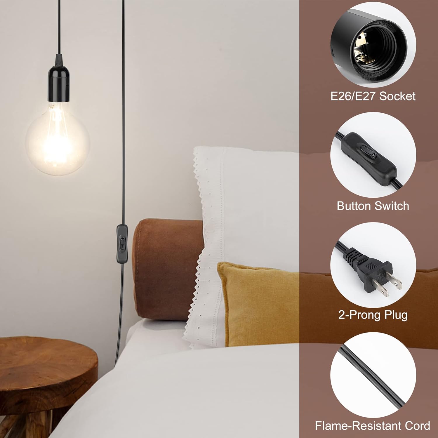 JACKYLED 1 Pack UL-Listed 20Ft Extension Hanging Lantern Cord Cable 360W with E26 E27 Socket On/Off Button Pendant Lighting(Black)
