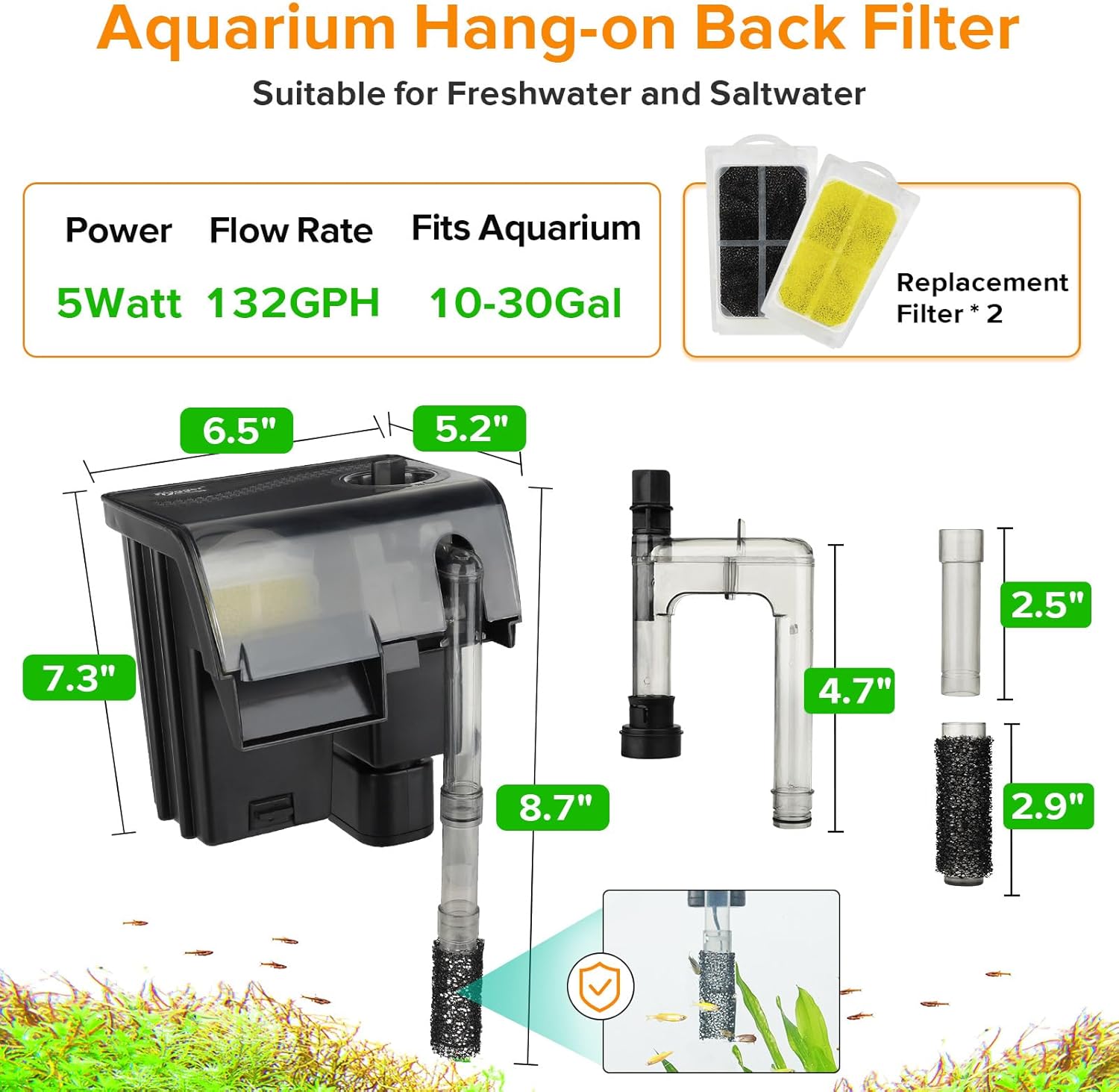 hygger Hang On Back Aquarium Filter 132GPH for 10-30 Gallon Quiet Power Fish Tank Filter Multi-Stage Filtration Adjustable Waterfall Hob Filter with 4 Cartridges & Extension Pipe for Fresh Saltwater