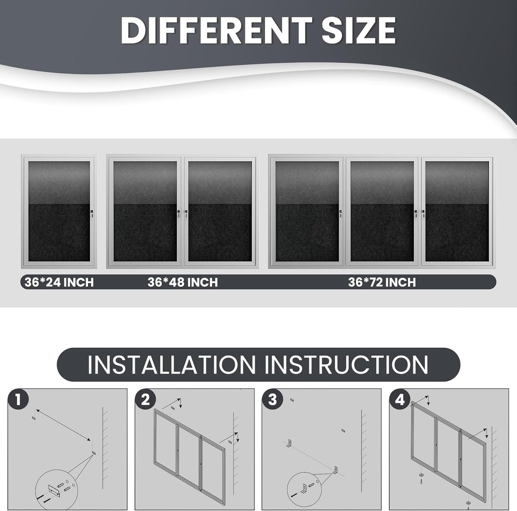 72"x36" Lockable Enclosed Bulletin Board, Outdoor Flet Weather-Resistant Aluminum Frame Notice Board, Wall Mounted Display Case Acrylic Doors for School,Office,Silver Frame w/Black Flet