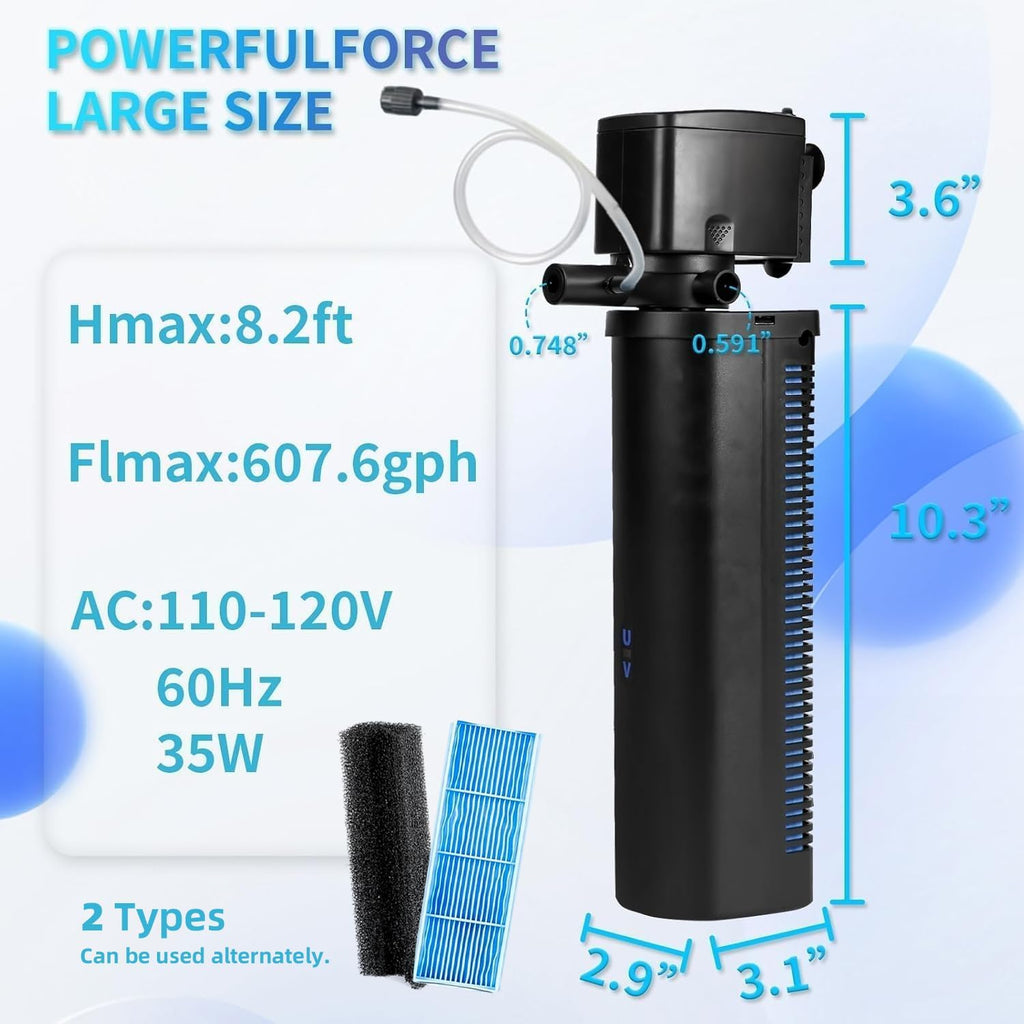 Aquarium U-V Filter Dual Spout 600GPH for Large 100-300 Gallon Fish Tank Silent Canister Internal Filter Cold Plunge Tub Koi Pond Filter, Green Clean Machine Deodorization for Saltwater Freshwater