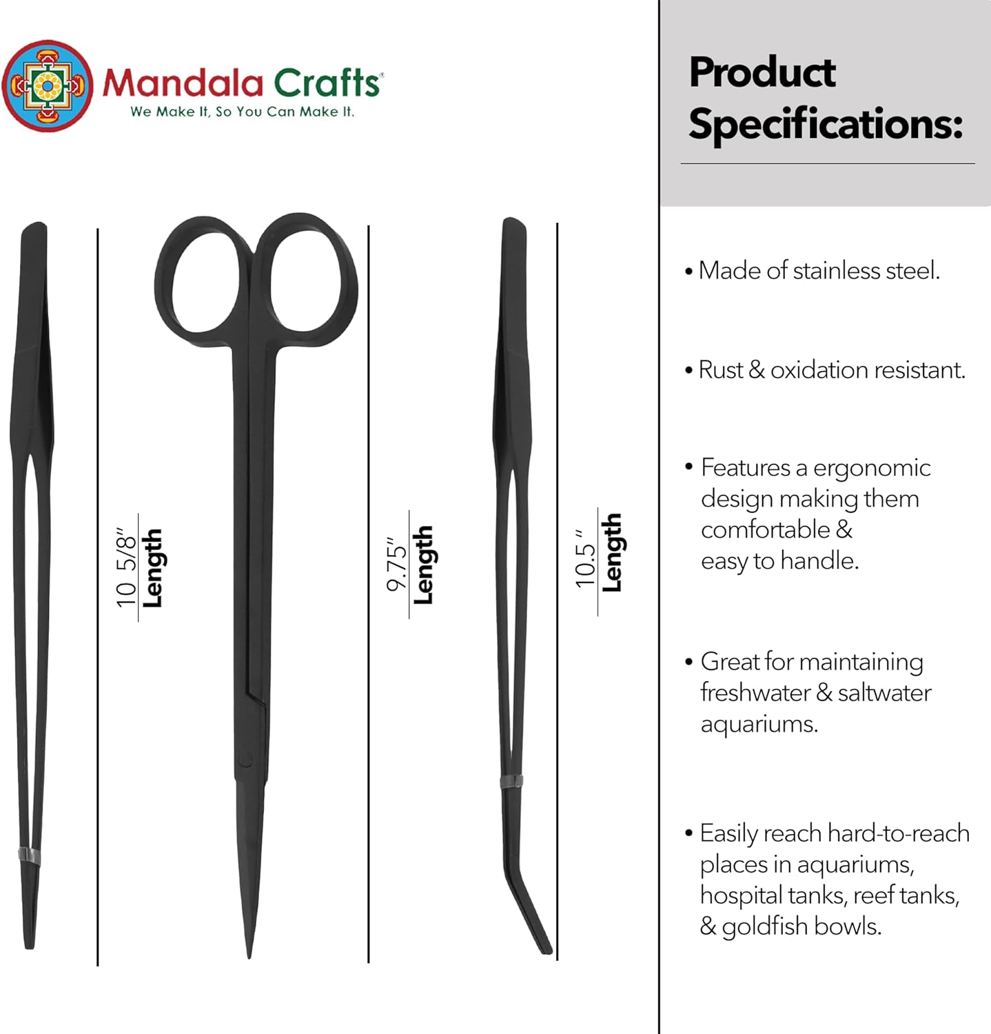 Mandala Crafts Black Stainless Steel Aquascaping Tools Kit – Aquarium Plant Tools with Tweezers and Scissors for Fish Tanks, Hospital Tanks, Goldfish Bowls, Aquariums, and Terrariums