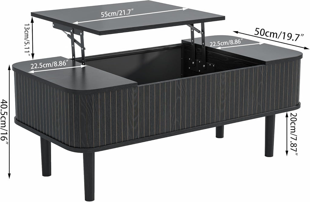 Fluted Lift Top Coffee Table with Storage, Mid Century Modern Coffee Table for Living Room, Home Small Space,39.4" Fluted Center Table (Rectangle-Black, 39.4inch)