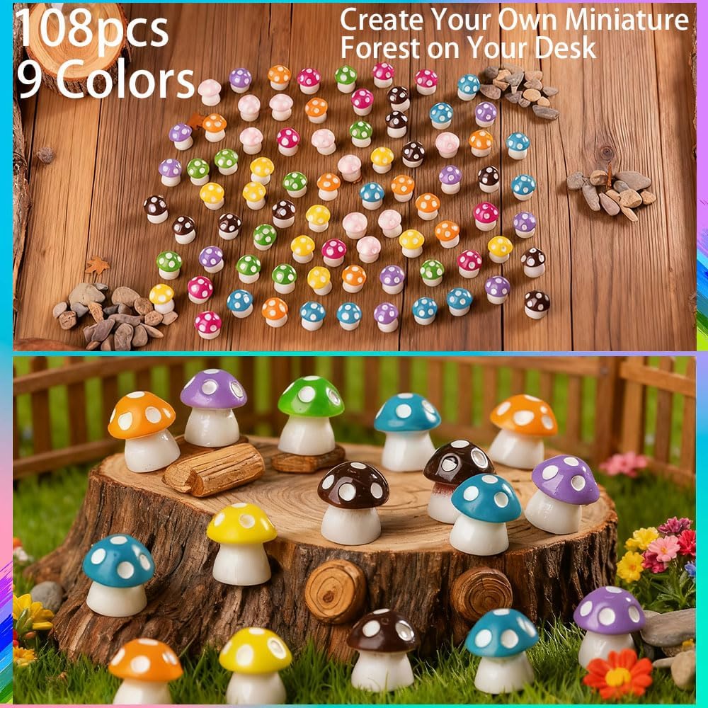 Mini Resin Mushrooms - 108PCS Bulk Small Fairy Garden Decor with 9 Colors, Miniature Mushroom Figurines for Terrarium, Dollhouse, Plant Pot, Aquarium Landscape, DIY Crafts