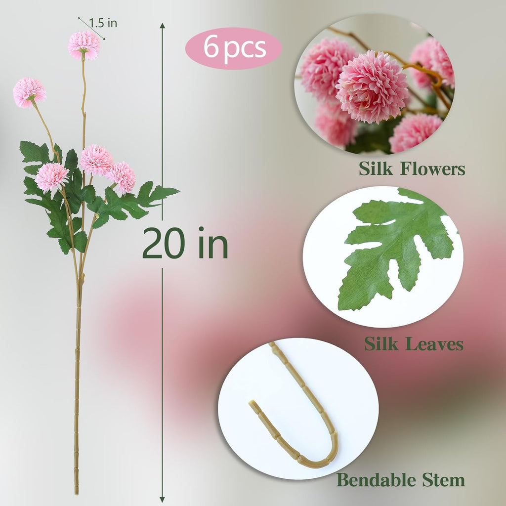 mizii 6Pcs Pink Fake Silk Pompon Mum Artificial Flowers Bulk Small Faux Chrysanthemums with Stems Realistic Floral Decorations for Wedding DIY Bouquet Centerpieces Shower Vase Home Decor (Pink)