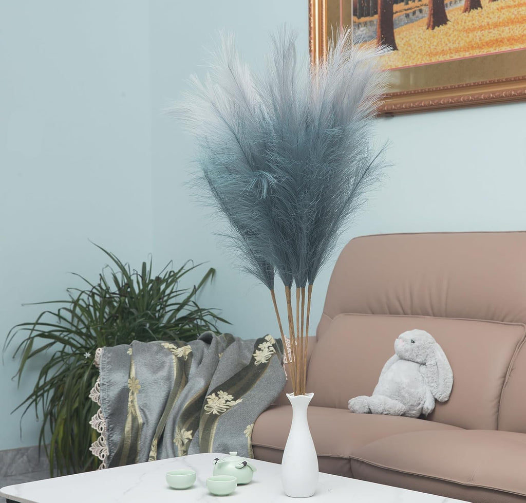 UiiziC Faux Pampas Grass Dried Fluffy 6pcs 37.5" Artificial Ascendant Grass for Vase Fillers Wedding Party Bouquets Home Hotel Centerpieces Decor (Dusty Blue and Gray)