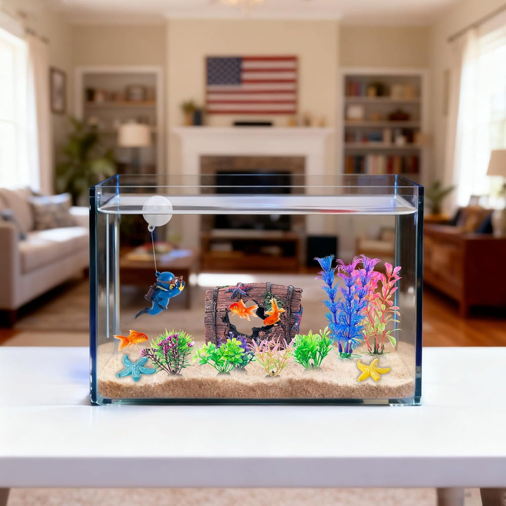 COMSUN 12 PCS Aquarium Decoration Broken Barrel Set, Plastic Aquarium Plants, Resin Floating Diver Fish Tank Decorations & Resin Starfish, Small Fish Tank Ornaments for Pet Fish to Hideout and Rest
