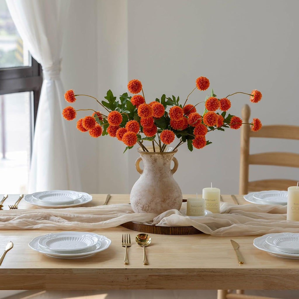 mizii 6Pcs Orange Fake Silk Pompon Mum Artificial Flowers Bulk Small Faux Chrysanthemums with Stems Realistic Floral Decorations for Wedding DIY Bouquet Centerpieces Shower Vase Home Decor (Orange)