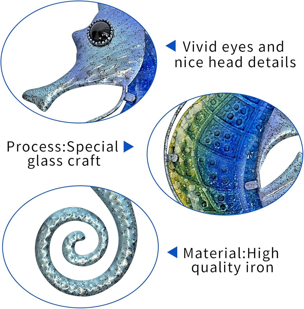 LIFFY Large Metal and Glass Seahorse Wall Decor, Sea Life Decor, Metal Fish Wall Decor, Ocean Beach Theme Wall Art for Bathroom Home Pool Gift Idea