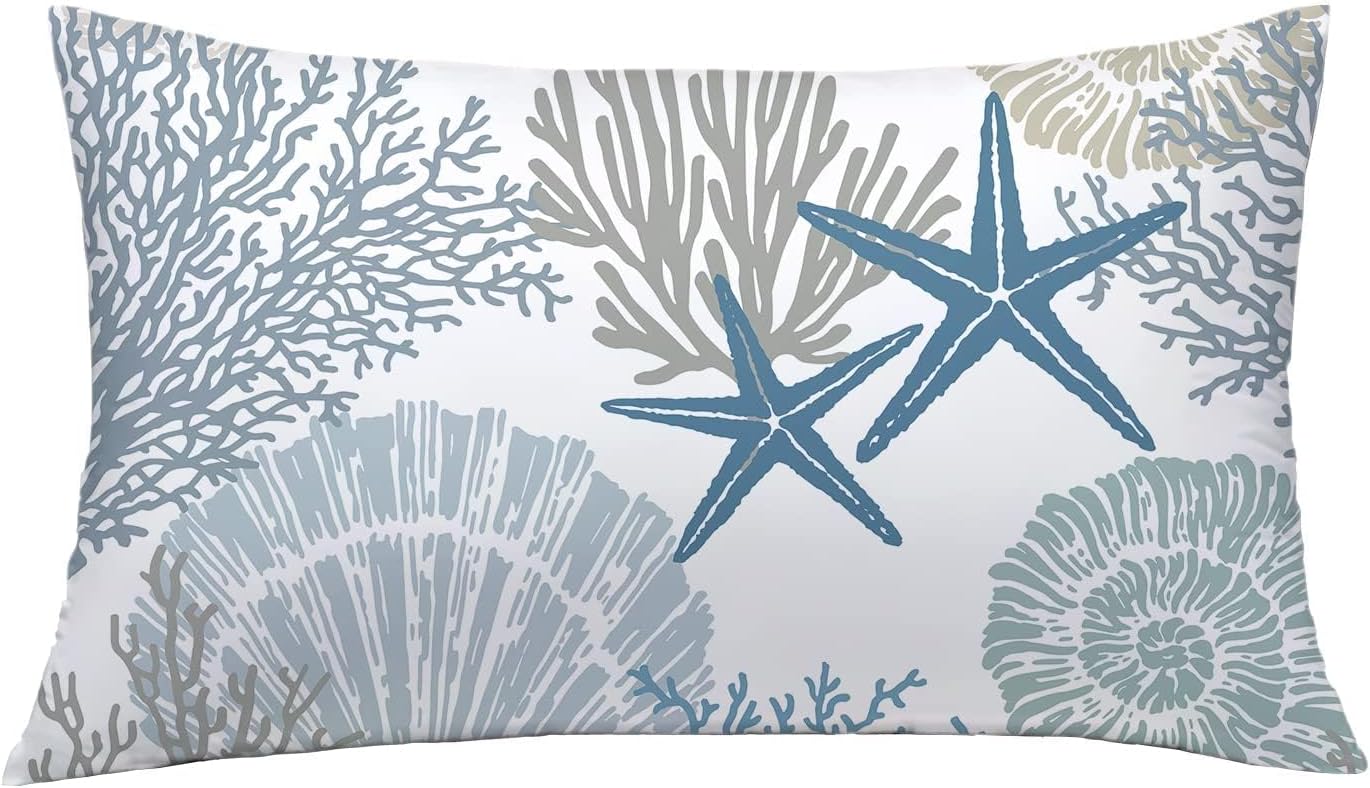 Tritard Nautical Coastal Throw Pillow Covers 12x20 Inches Set of 2 Beach Themed Ocean Seashell Coral Starfish Velvet Couch Lumbar Pillow Cover Outdoor Sofa Cushion Cover for Bedroom Living Room, Blue