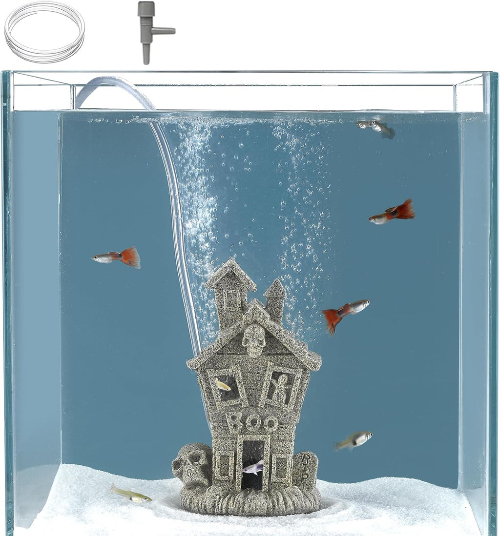 Carefree Fish Aquarium Haunted House Halloween Ghost Bubbler Decor Fish Hide-Out Ornament with 3Ft Tubing and Tiny Air Stone（No Included Air Pump