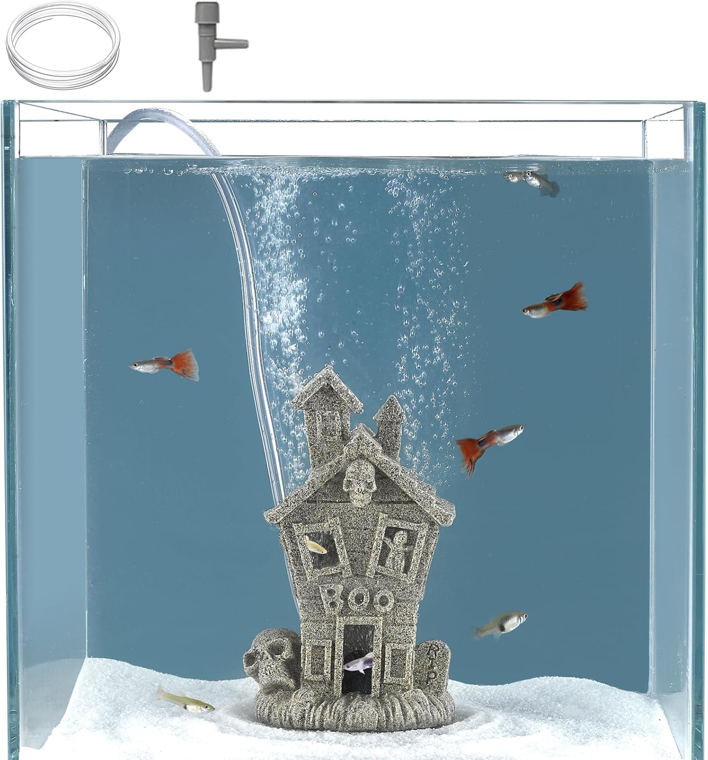 Carefree Fish Aquarium Haunted House Halloween Ghost Bubbler Decor Fish Hide-Out Ornament with 3Ft Tubing and Tiny Air Stone（No Included Air Pump