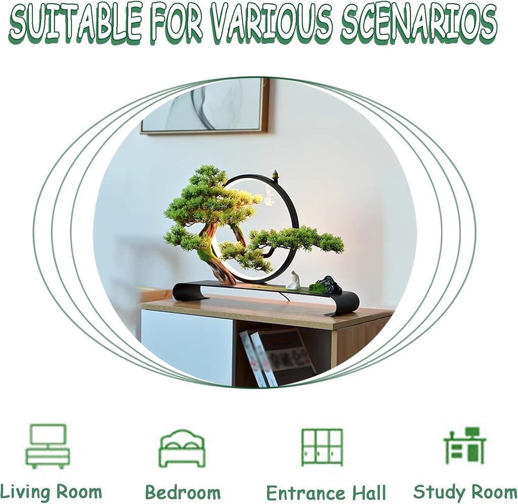 Fake Bonsai Tree Decor with Lamp Rings, Realistic Artificial Bonsai Tree, Welcome Pine Faux Potted with Backflow Incense, Bonsai Artificial for Home Office Garden Patio Farmhouse Decoration (Pines)