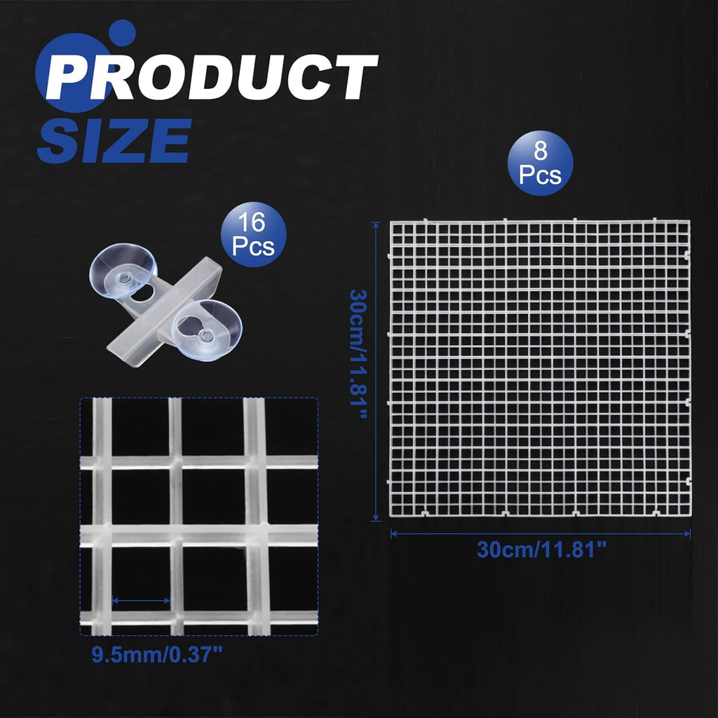 uxcell 8Pcs Aquarium Fish Tank Divider, 12x12 Inch Plastic Egg Crate Light Diffuser Grid Filter Bottom Partition Separator with Sucker Clips and Suction Cups for Aquarium, Clear
