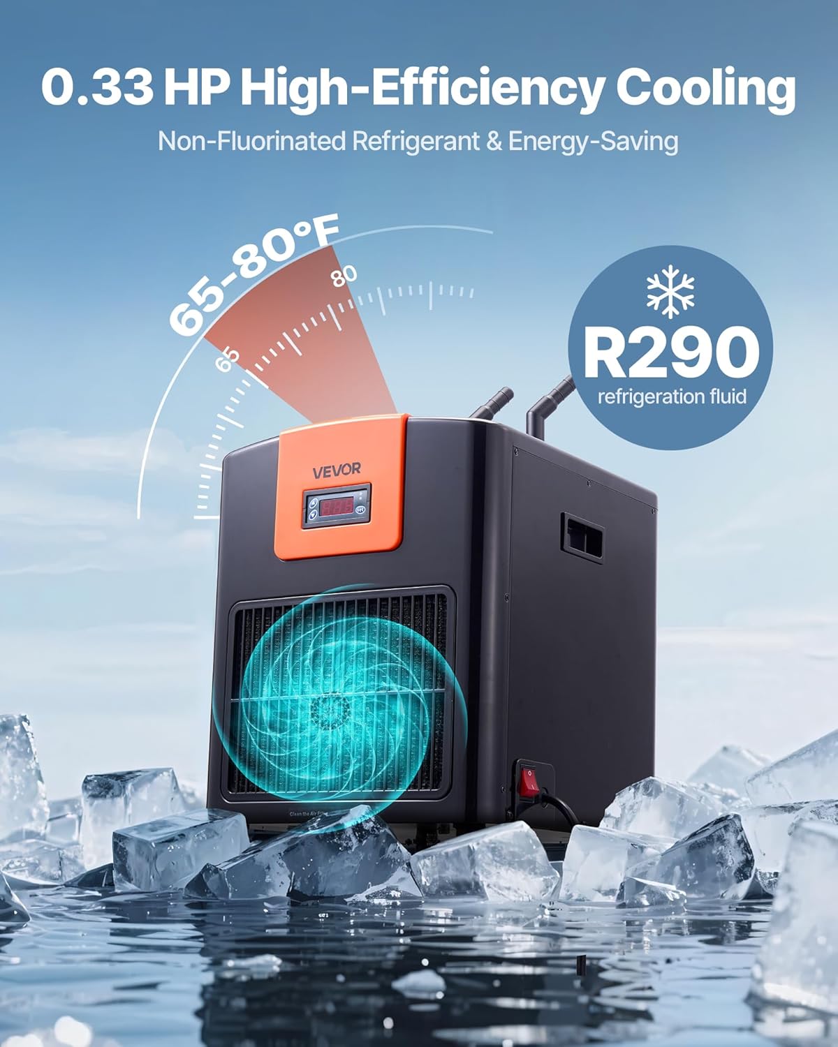 VEVOR Aquarium Chiller 110 Gallon, 1/3 HP Water Chiller for Hydroponics, Fast Cooling for Fish Tank,Axolotl,Coral Reef,Quiet Refrigeration Compressor, Titanium Evaporator,Complete Fittings
