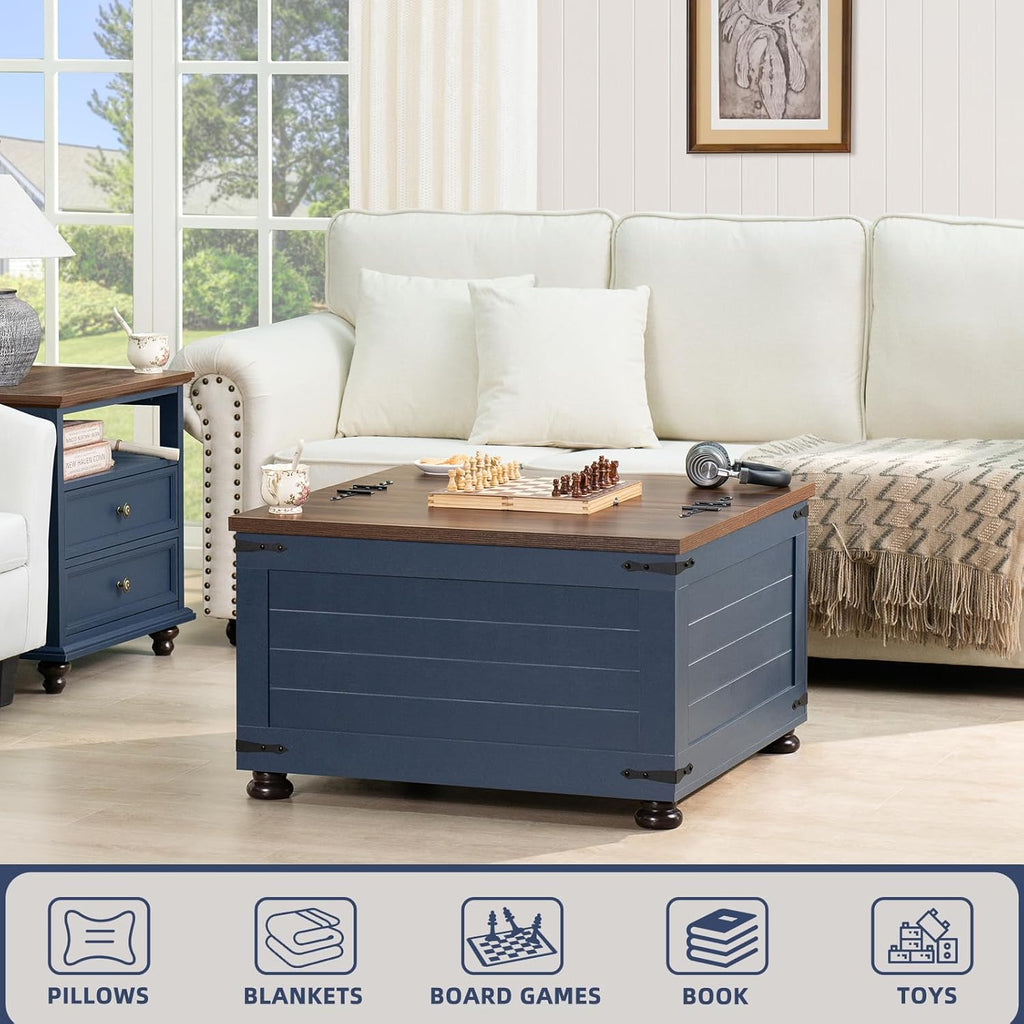Farmhouse Coffee Table with Hidden Storage, 59 Gallon Square Center Table for Living Room, Rustic Wood Cocktail Tables with Flip-Top Lids, Farm House Tables with Wooden Gourd Feet, Navy Blue