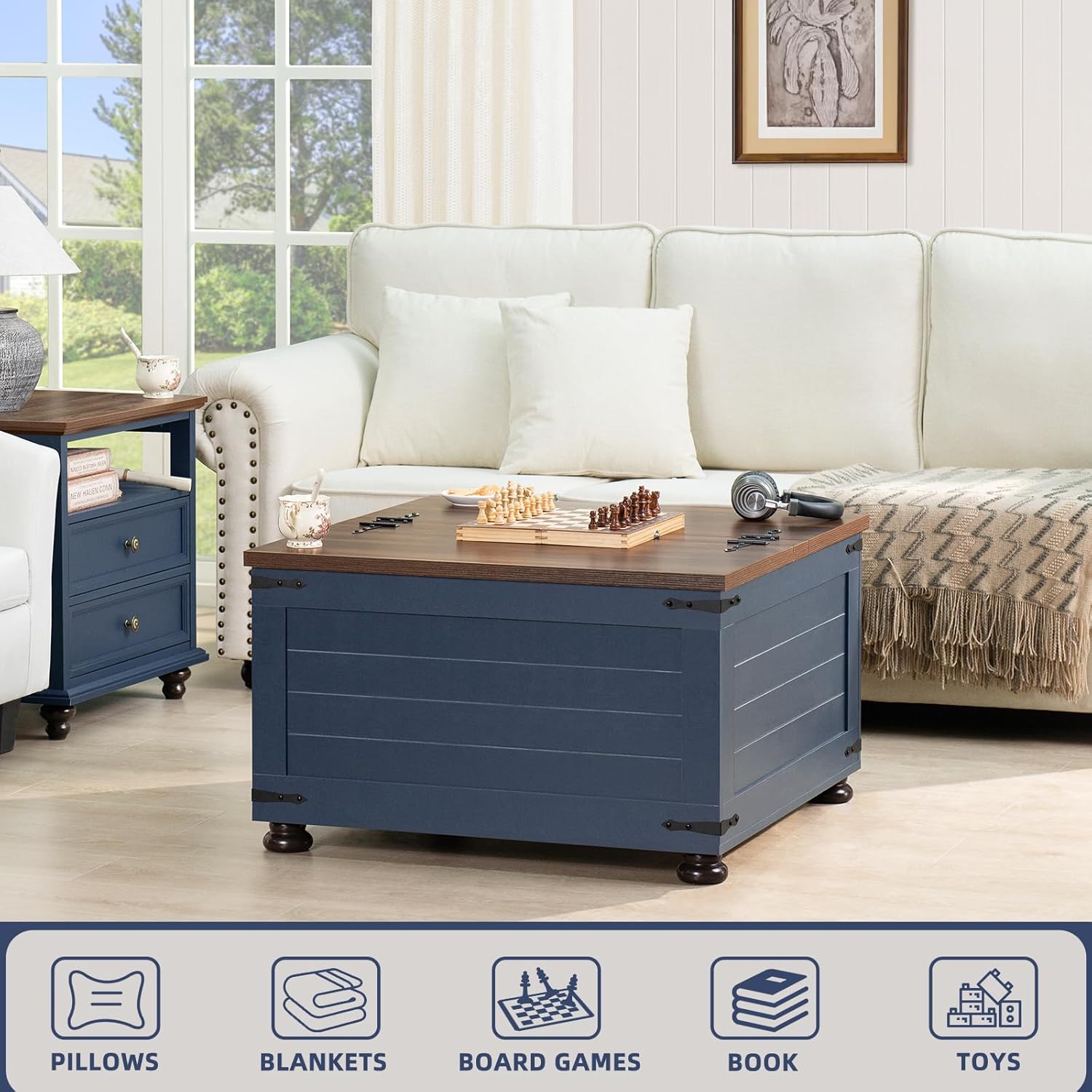 Farmhouse Coffee Table with Hidden Storage, 59 Gallon Square Center Table for Living Room, Rustic Wood Cocktail Tables with Flip-Top Lids, Farm House Tables with Wooden Gourd Feet, Navy Blue