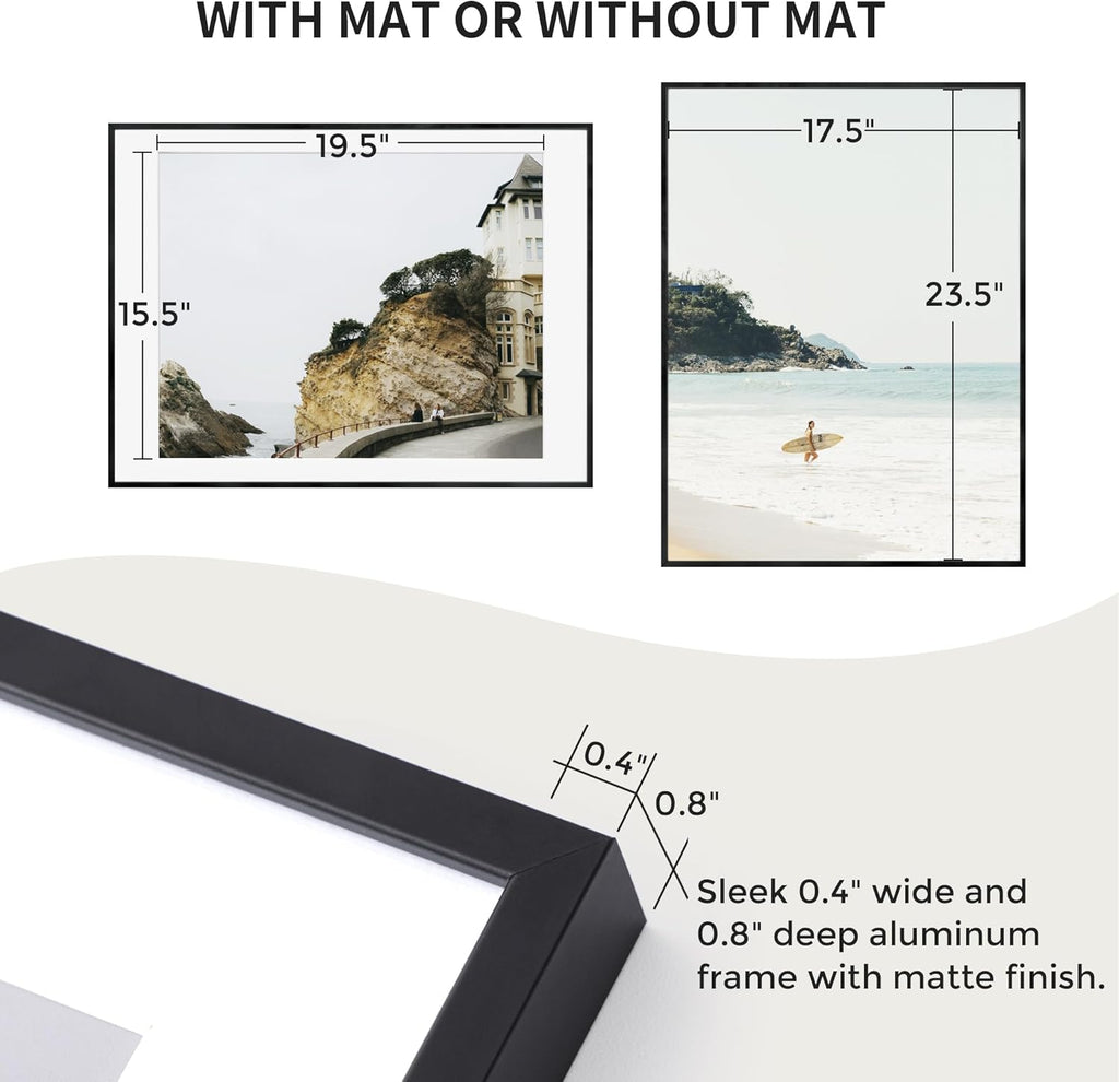 Fun Memories 18x24 Aluminum Poster Frame, 18 x 24 inch Metal Picture Frames with Real Glass Front, Displays 16x20 Photos with Mat or 18x24 Images without Mat - Black - Set of 1