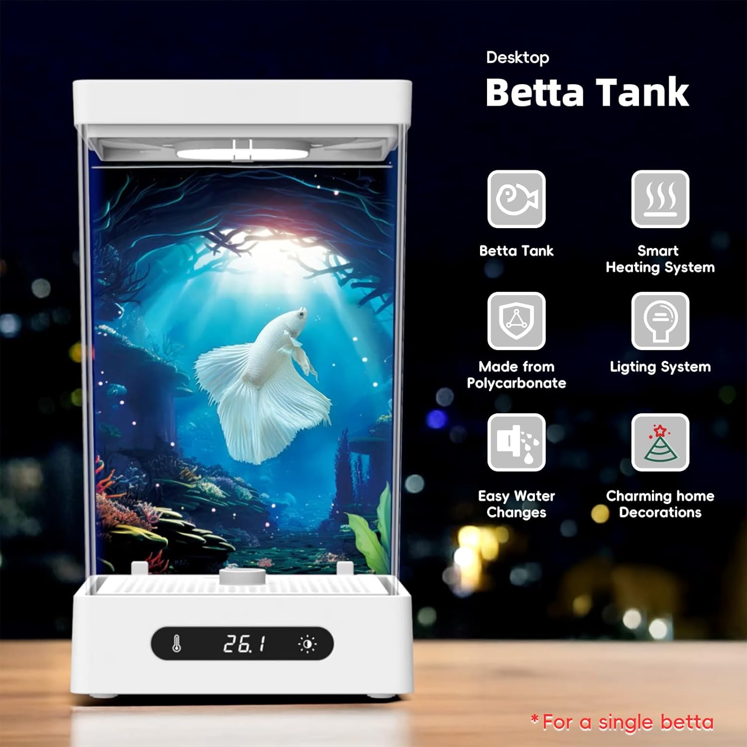 Small Shrimp Tank, 0.42 Gal Mini Fish Tank, Smart Automatic Heating, Easy Water Change Valve, and Energy-Efficient LED Lighting - Perfect for Office, Home, and Bedrooms, Single Betta Fish Only