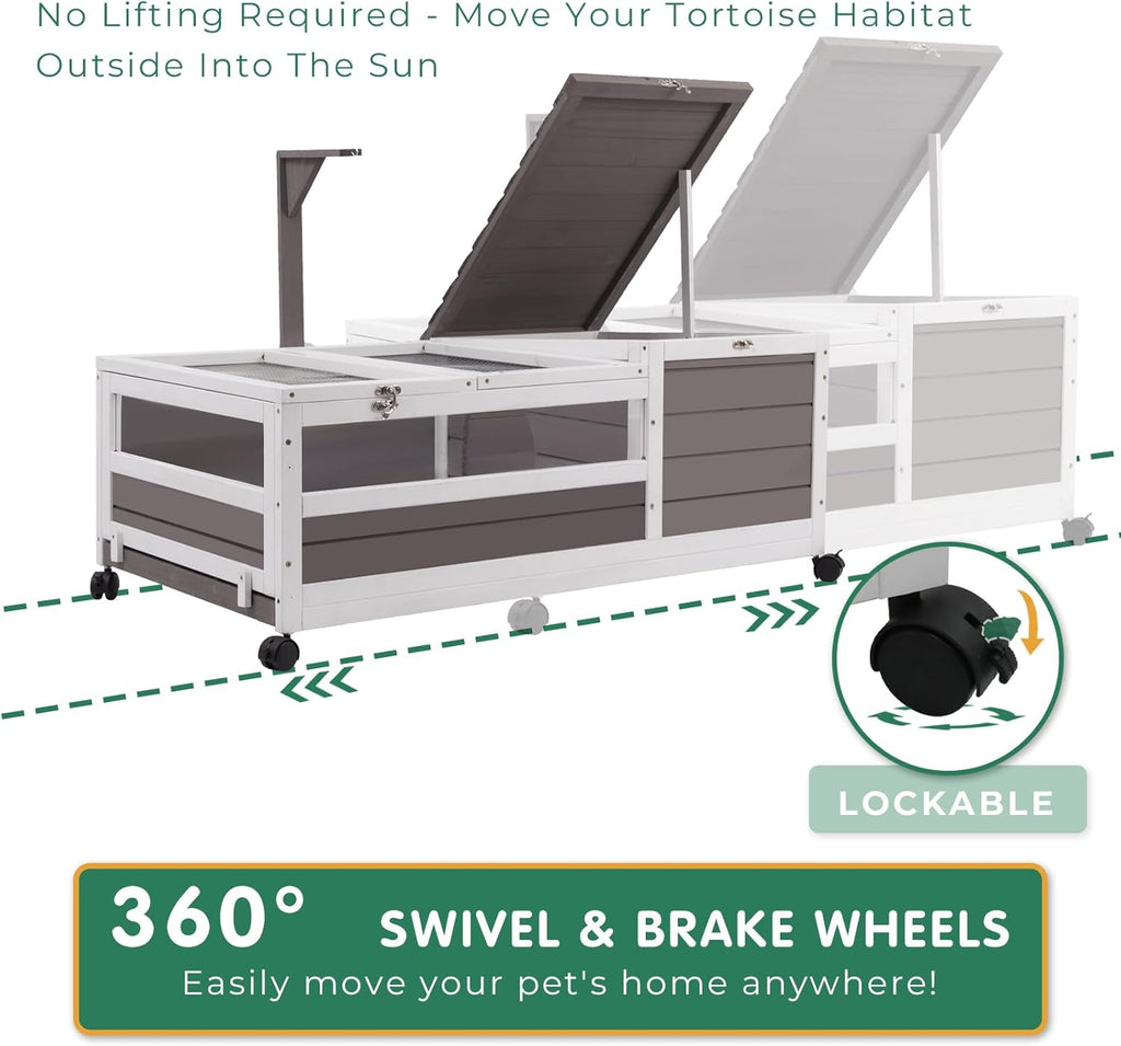 Tortoise Habitat Tank Indoor Outdoor, Wooden Tortoise House with Wheels, 2-Room Reptile Turtle Enclosure Cage for Small Animals, Lamp Holder, Leakproof Tray, Grey
