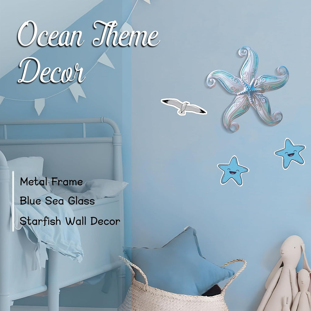 POXOHO Metal Starfish Wall Decor, Sea Life Coastal Decorations 12 inch Starfish Wall Art, Nautical Home Decoration Handing Ocean Beach Wall Art for Garden,Fence,Home,Patio,Kitchen,Bathroom,(Sky Blue)