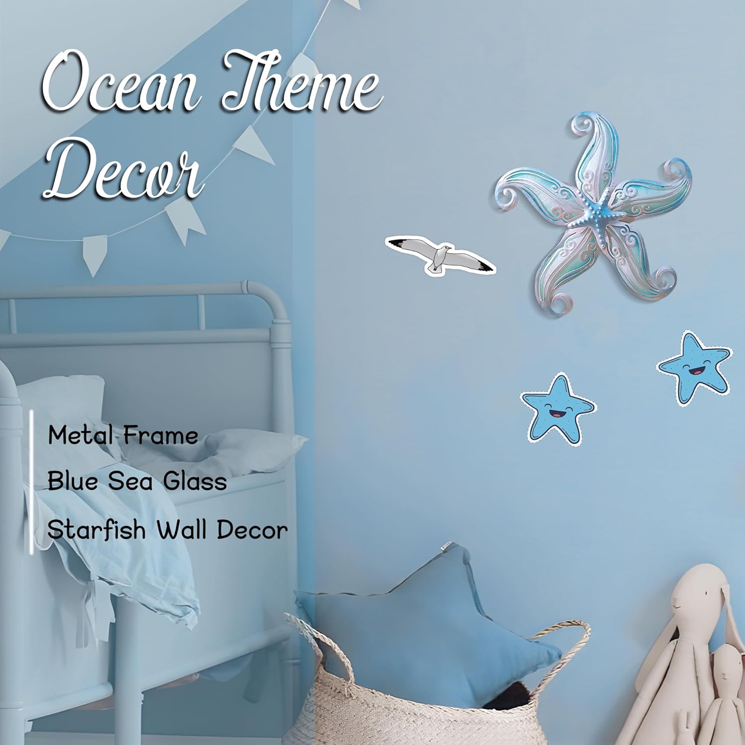 POXOHO Metal Starfish Wall Decor, Sea Life Coastal Decorations 12 inch Starfish Wall Art, Nautical Home Decoration Handing Ocean Beach Wall Art for Garden,Fence,Home,Patio,Kitchen,Bathroom,(Sky Blue)