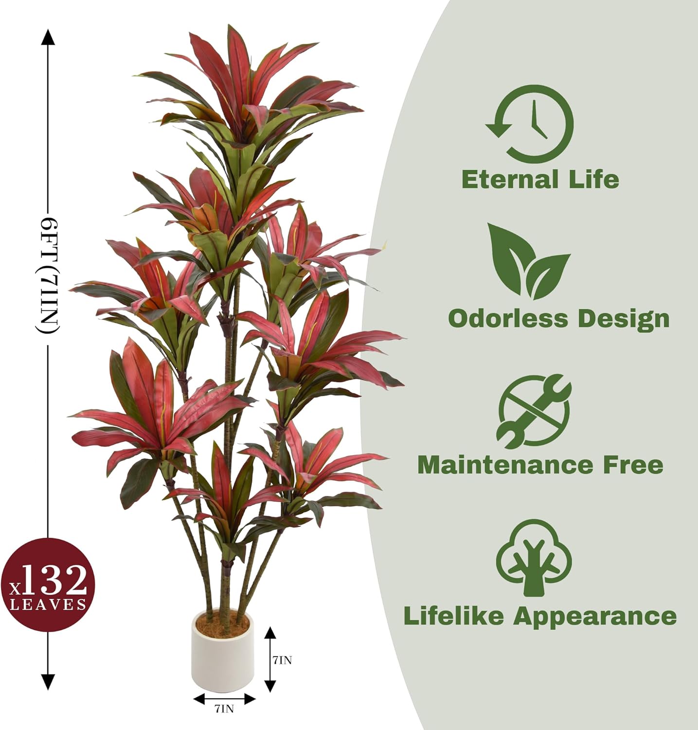 Artificial Dracaena Tree 6ft(72in) Tall Large Faux Fall Plants with Realistic Trunks and Red Leaves, Fake Floor Potted Artificial Plants for Home Office Indoor Decor (6feet,1Pack)