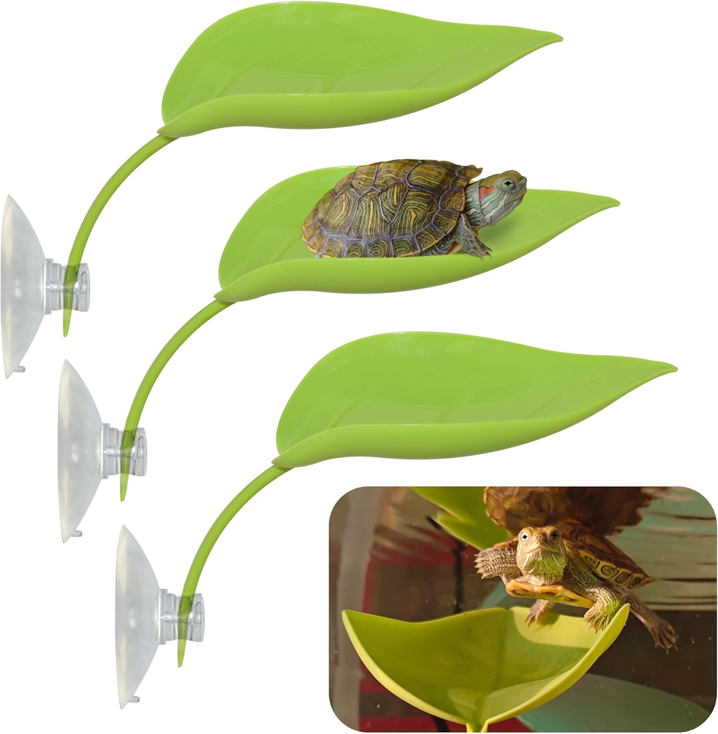 Turtle Basking Platform, 3PCS Tree Frog Tank Accessories, Leaf Shape Bearded Dragon Basking Platform with Suction Cups, Leopard Gecko Tank Accessories, Turtle Tank Decor (Green)