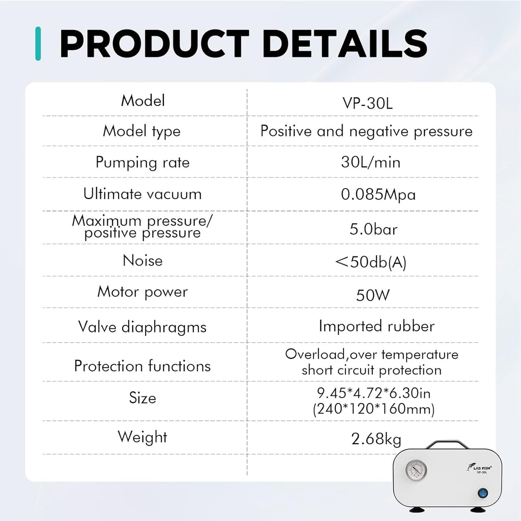 LAB FISH Lab Vacuum Pump Portable Oilless Diaphragm Vacuum Filtration 30L/min Positive and Negative Pressure & Rubber Tube,110V-220V