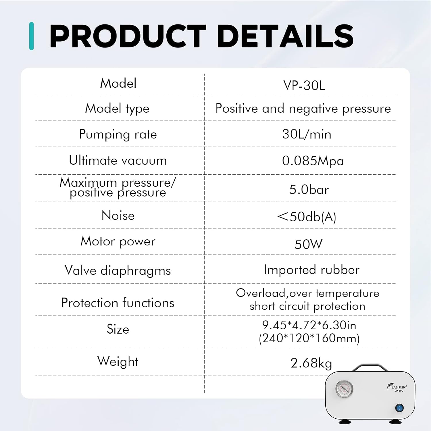 LAB FISH Lab Vacuum Pump Portable Oilless Diaphragm Vacuum Filtration 30L/min Positive and Negative Pressure & Rubber Tube,110V-220V