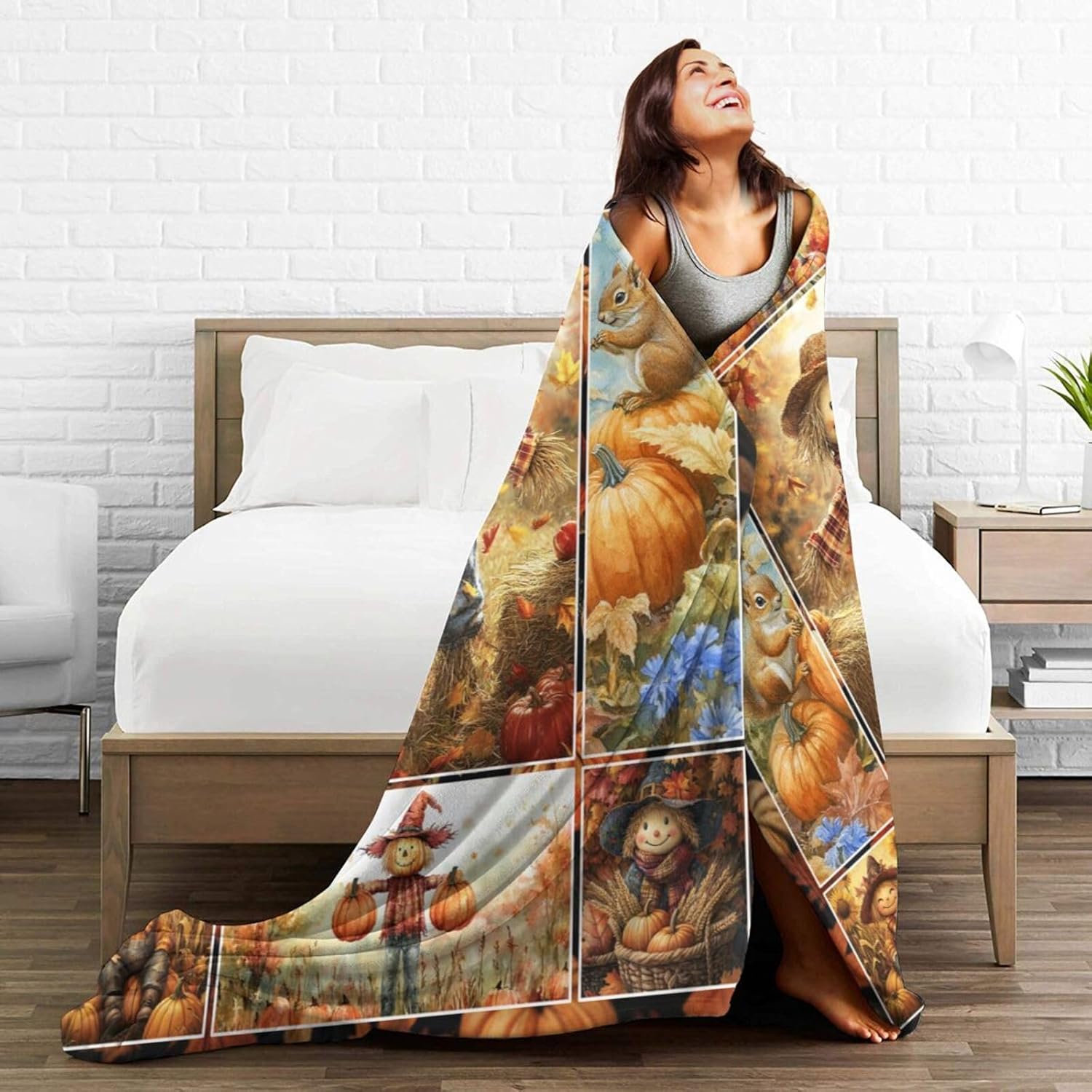 Fall Scarecrow Blanket Autumn Pumpkin Throw Blanket Squirrel Thanksgiving Flannel Stuff Merch Cozy Decor Fleece Soft Plush Fuzzy Warm Lightweight Bedding Gifts for Women Men Couch Soft 50"X40"