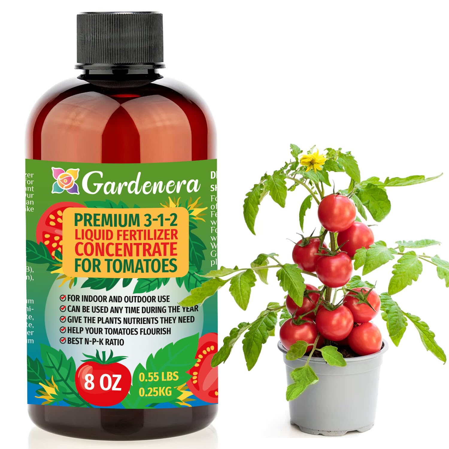 Premium Liquid Tomato Plant Fertilizer - 3-1-2 Concentrate for Indoor Plants and Flowers by Gardenera | Organic Plant Food for Tomatoes - 8oz